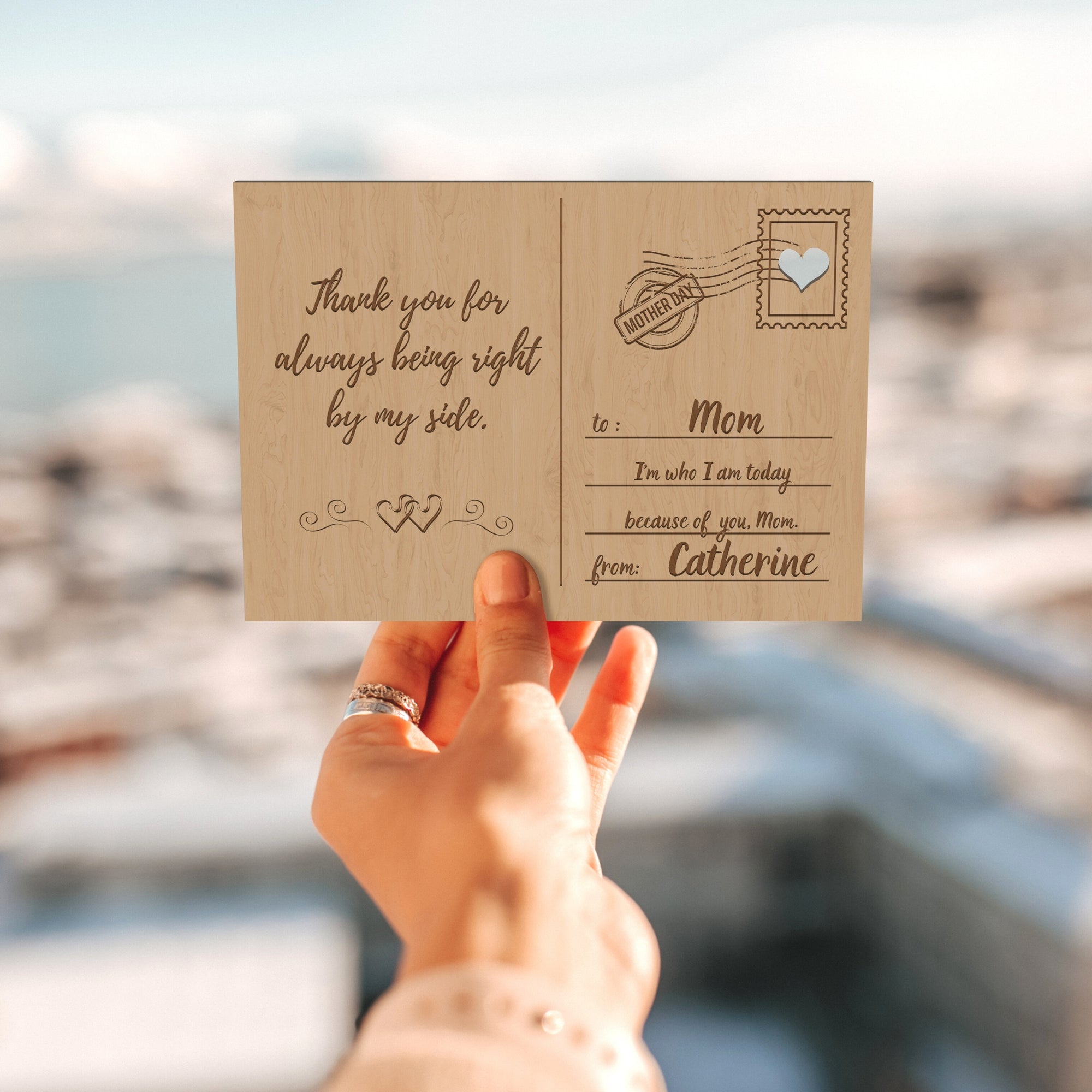 Personalised Wooden Mother's Day Postcard, Engraved Timber Celebrate Message & Name Display Stand, Keepsake Gift Card Mum, Mom, Grandma, Her