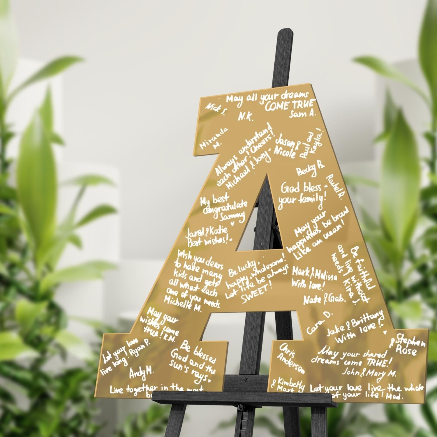 Engraved Rose/ Gold Mirror Acrylic Letter, Guest Book Alternative, Personalised Family Name Initial,  Rustic/ Vintage/ Modern/ Classic Wedding Decor, Engagement/ Birthday Signage on Easel, Laser Cut GuestBook