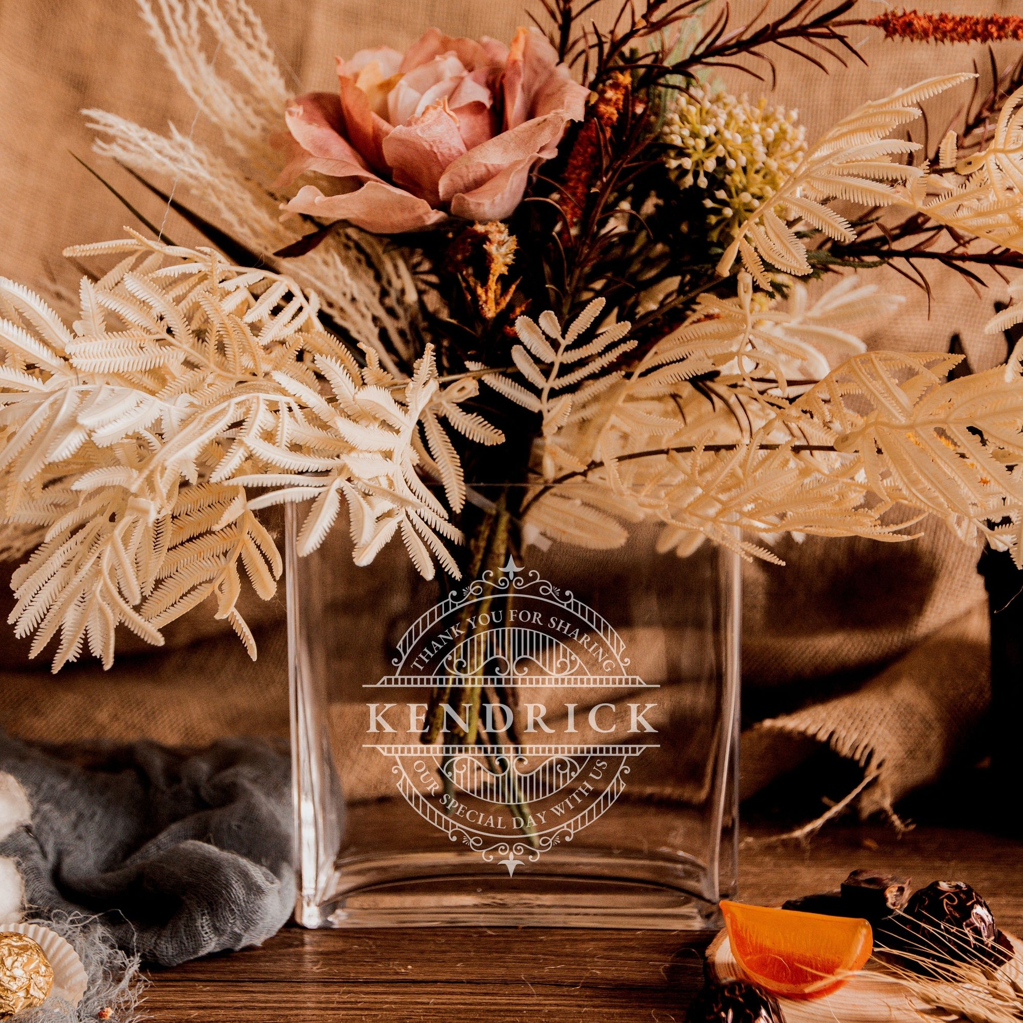 Personalised Large Rectangle Clear Glass Vase, Custom Engraved Memorial Wedding Gift for Bridesmaid, Mother of Bride/ Groom, Housewarming, Anniversary