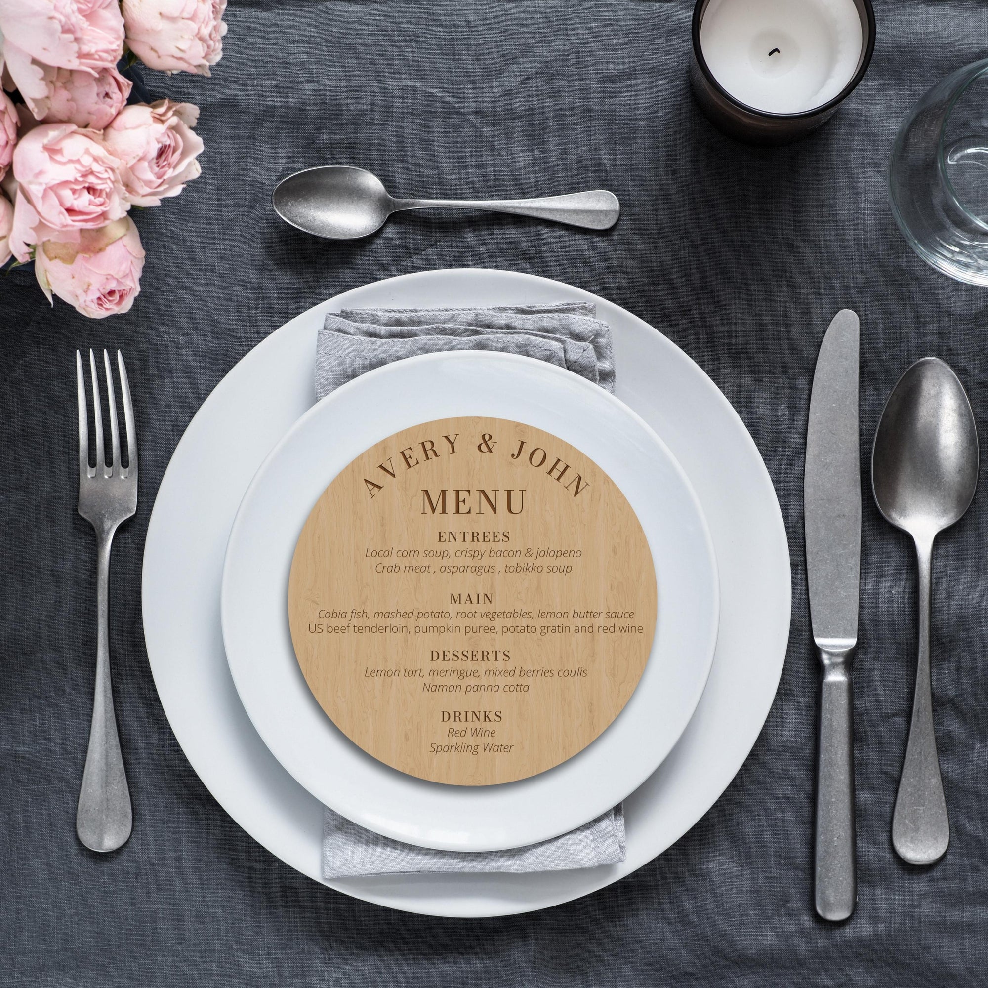 Custom Engraved Wooden/ Acrylic Wedding Stationery Round Bar Table Menu, Personalised Drink Plaque, Wedding, Engagement, Bridal Shower Decor