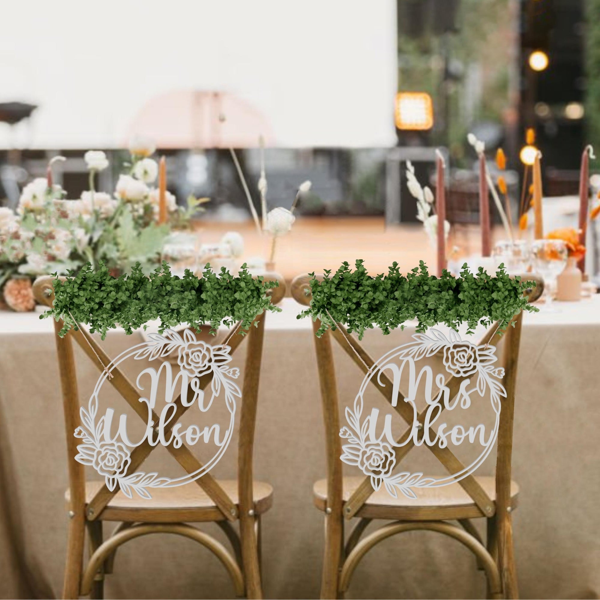 Personalised Reception Wedding Chair Sign Decoration, Custom Matching Pair Couple Name Signage, Mr Mrs, Gro