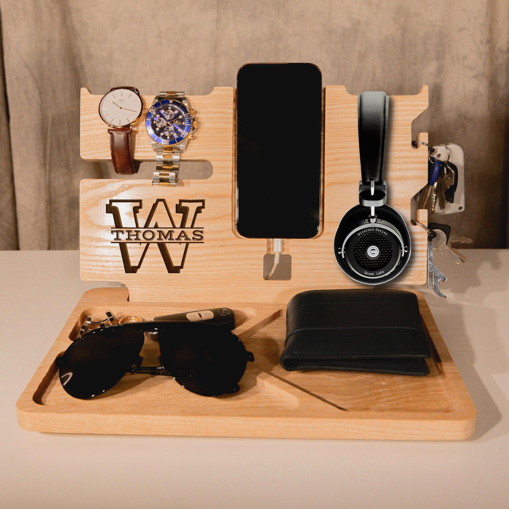 Personalised Oak Docking Station, Night Valet Stand, Wooden Phone & Watch Display, Headphone Holder, Custom Office Desk Charging Organiser, Gift for Him, Dad, Birthday, Housewarming