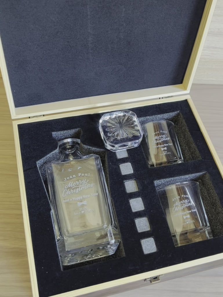 Engraved Wooden Box Whiskey Set Decanter, 2 Scotch Glasses & 6 Reusable Ice Stones, Personalised Birthday, Groomsmen, Dad Barware Gift