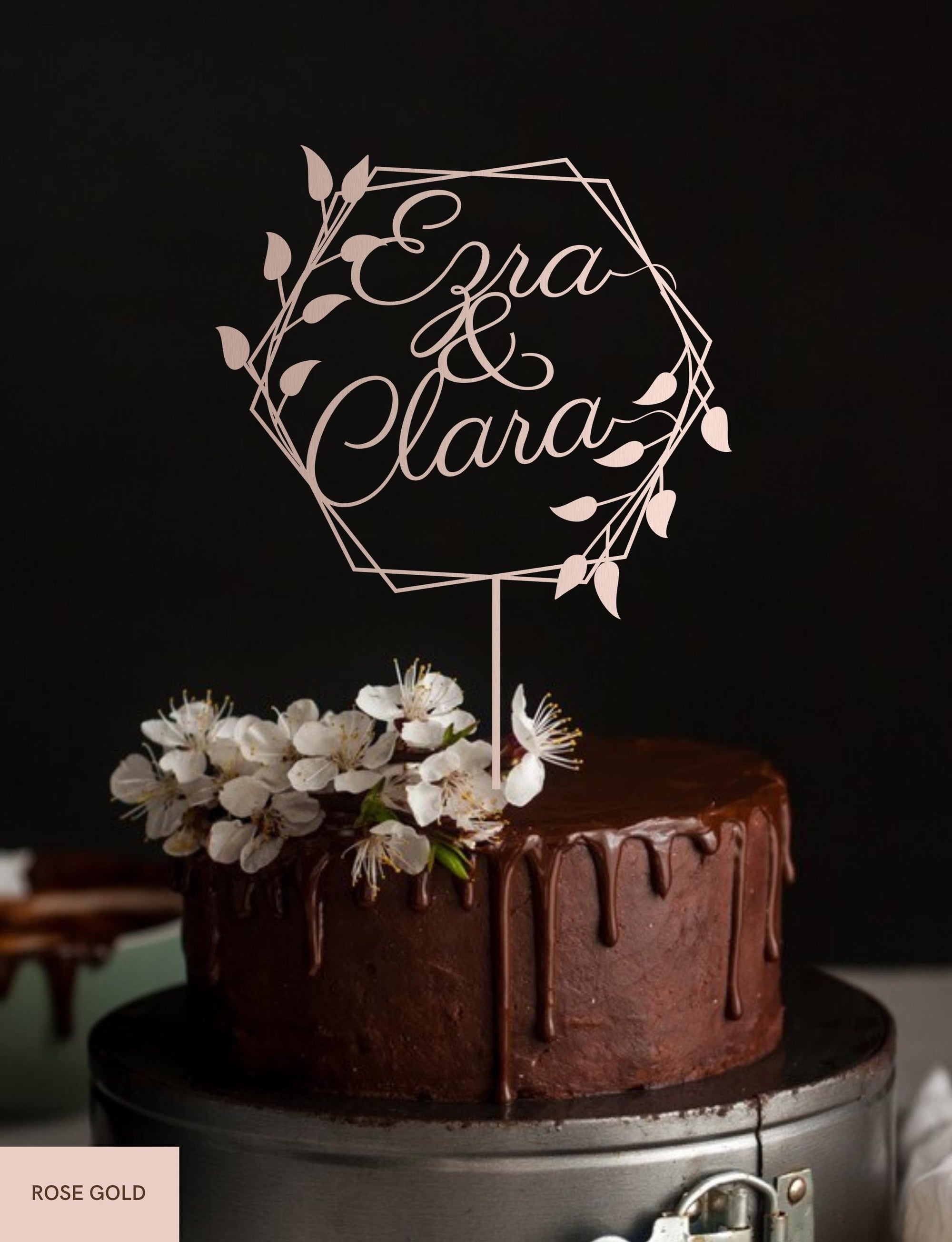 Personalised MDF/ Mirror Acrylic Wedding Cake Topper, Custom Join Name Overlap Hexagon Leaf Sign, Bridal, Groom Hens Event Party Supply Decor Toppers