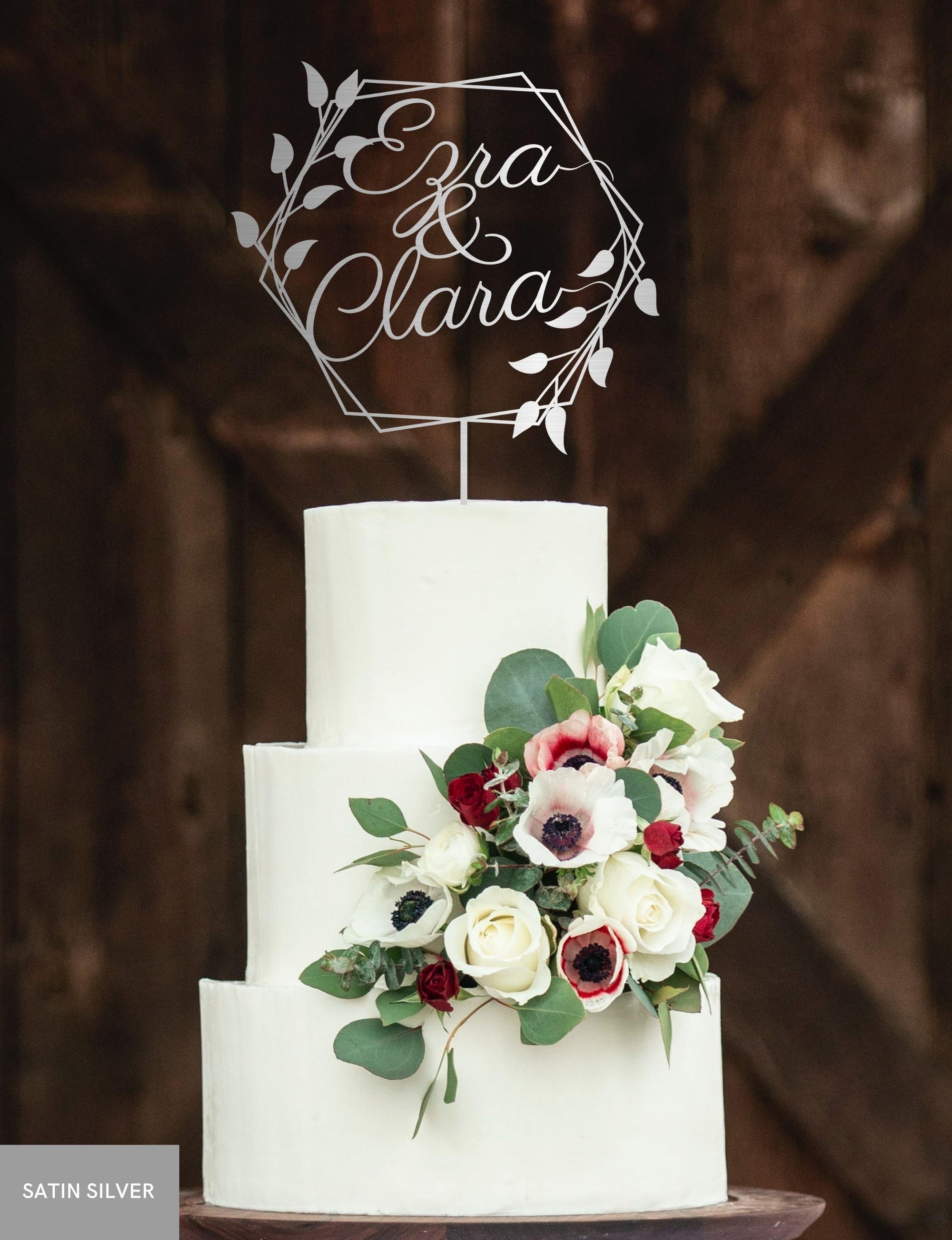 Personalised MDF/ Mirror Acrylic Wedding Cake Topper, Custom Join Name Overlap Hexagon Leaf Sign, Bridal, Groom Hens Event Party Supply Decor Toppers