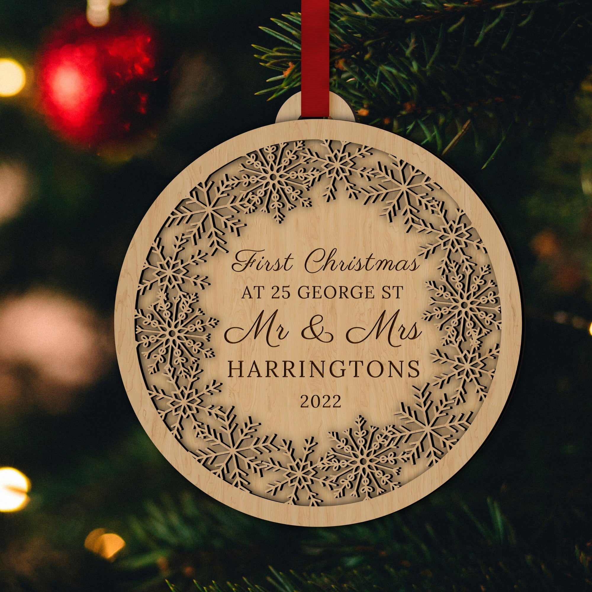 Personalised Double Layer Snowy Wooden Baubles, Engraved Custom Name Mr &amp; Mrs First Christmas at New House/ Married/ Engaged Hanging Tree Xmas, New Year Ornament, Decor Housewarming Gift Tags
