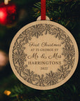 Personalised Double Layer Snowy Wooden Baubles, Engraved Custom Name Mr & Mrs First Christmas at New House/ Married/ Engaged Hanging Tree Xmas, New Year Ornament, Decor Housewarming Gift Tags