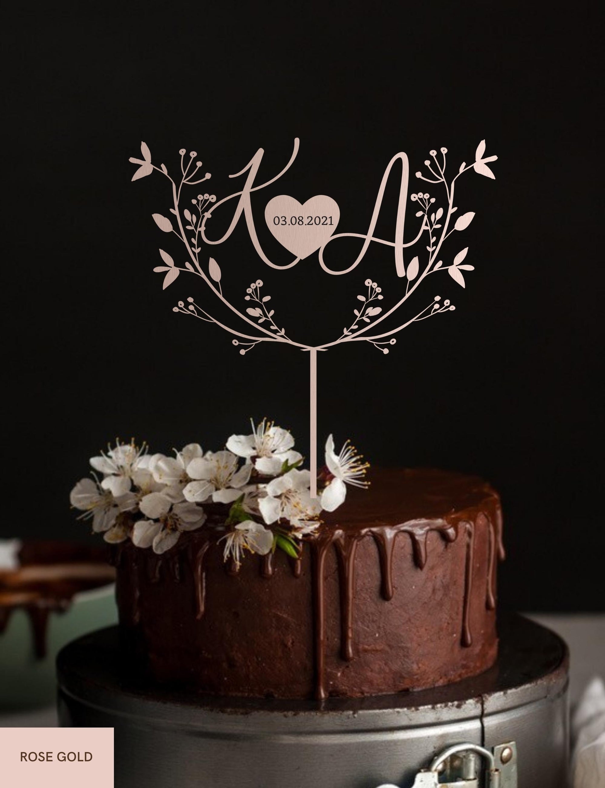 Personalised MDF/ Mirror Acrylic Wedding Cake Topper, Custom Join Name & Engraved Date on Heart, Leaf Signage, Bridal & Groom, Hens, Event Party Supply Decor