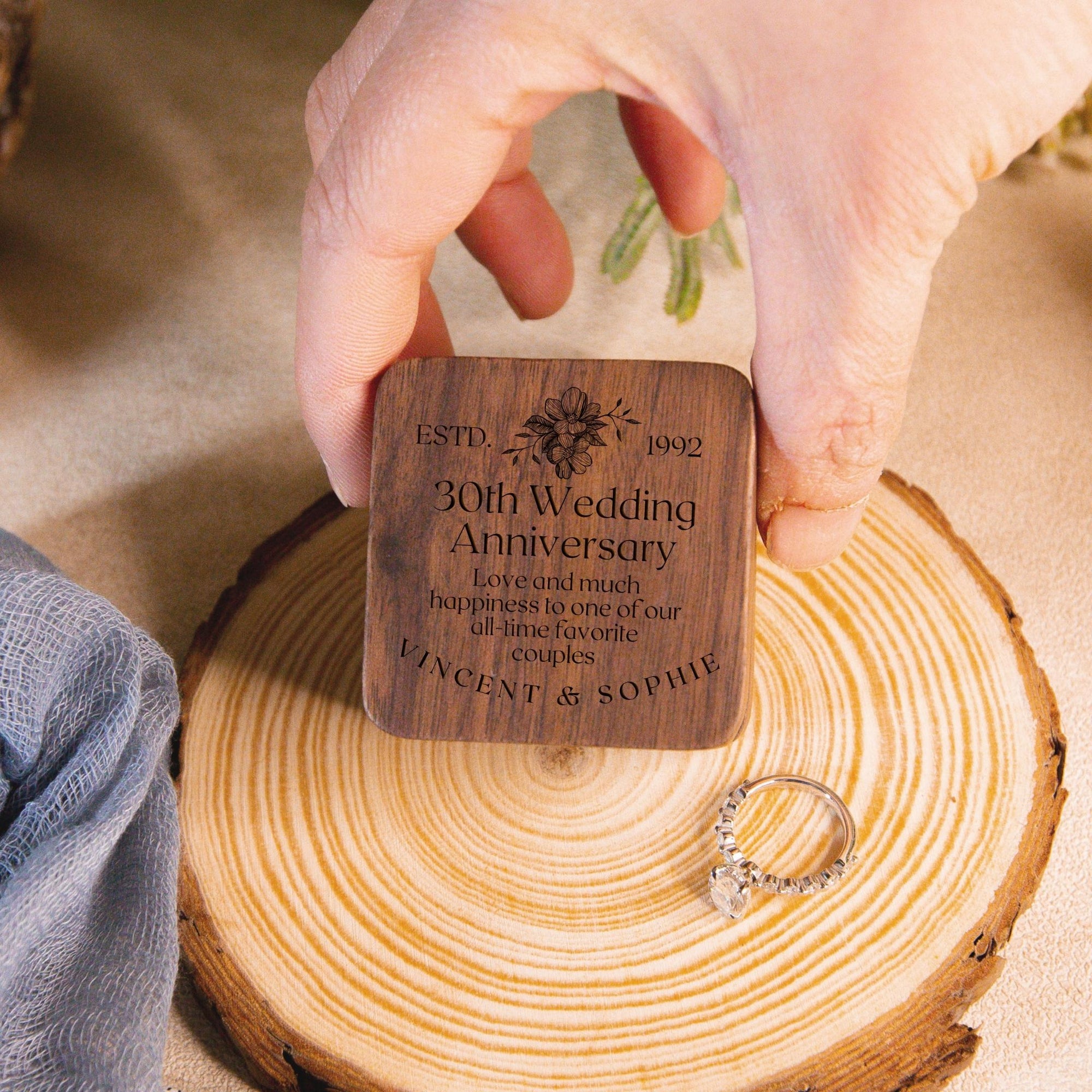 Personalised Wooden Engagement Proposal Ring Bearer Box, Custom Engraved Wedding Double Slot Solid Walnut Oval Ring Holder Storage, Rustic Vintage Anniversary Gift 