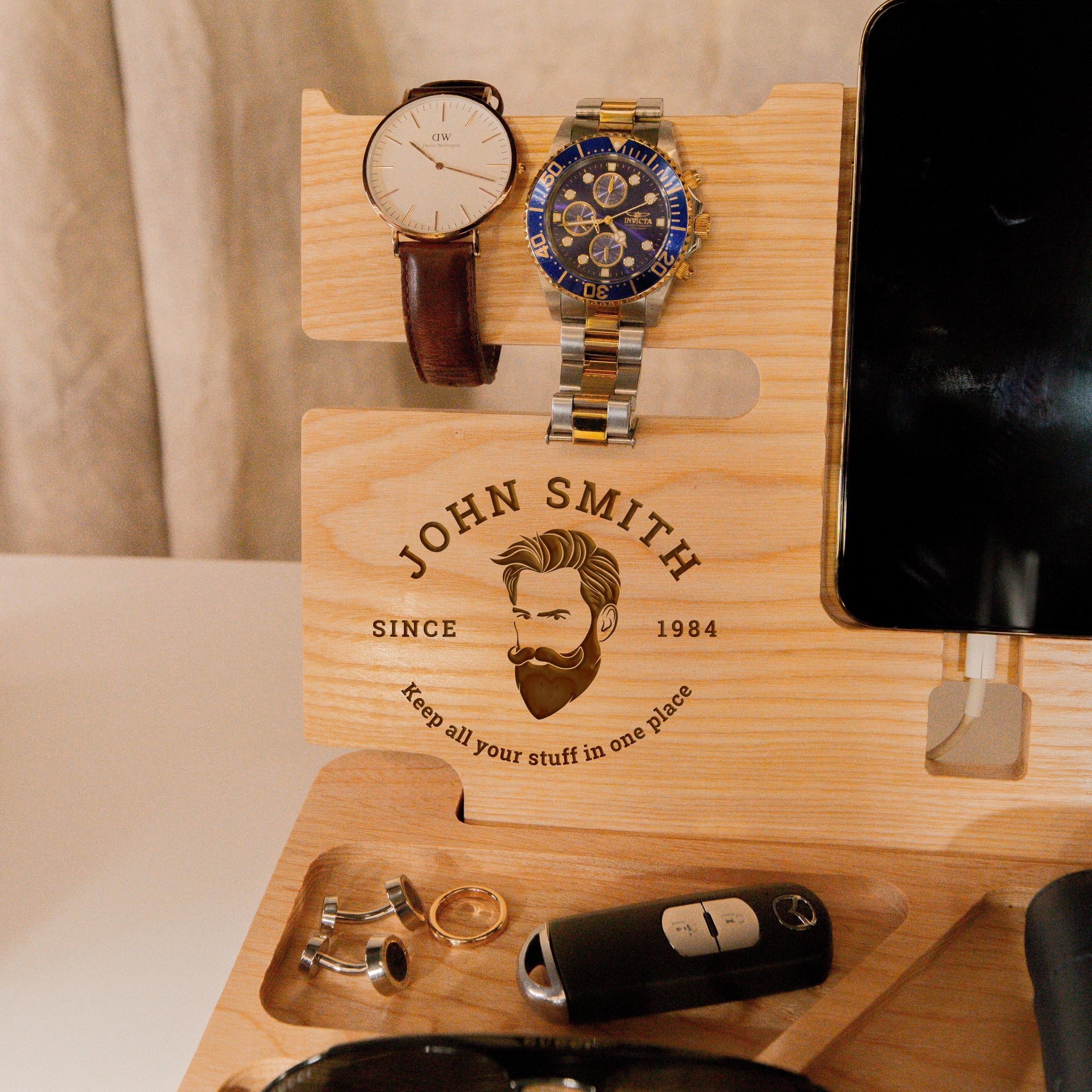 Personalised Oak Docking Station, Night Valet Stand, Wooden Phone & Watch Display, Headphone Holder, Custom Office Desk Charging Organiser, Gift for Him, Dad, Birthday, Housewarming