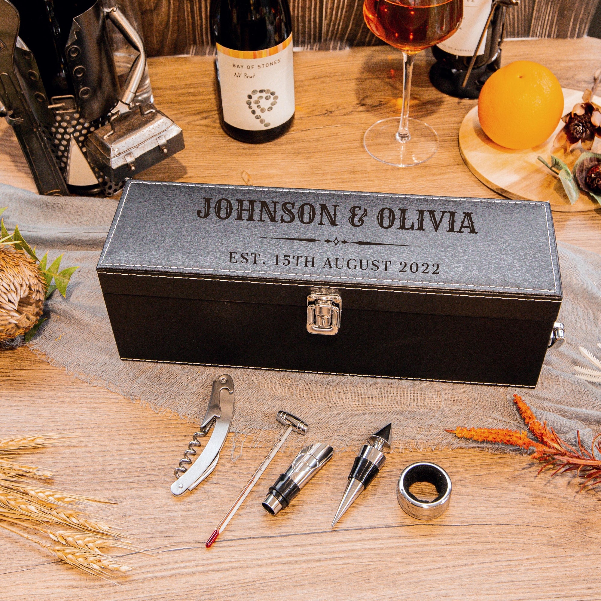 Personalised Premium Leather Wine Box &amp; Accessories, Engraved Custom Housewarming/ Birthday/ Teacher Champagne Present Box, Wedding Bridesmaid/ Groomsman, Thank You God Parents Favour, Mother&#39;s, Father&#39;s Day