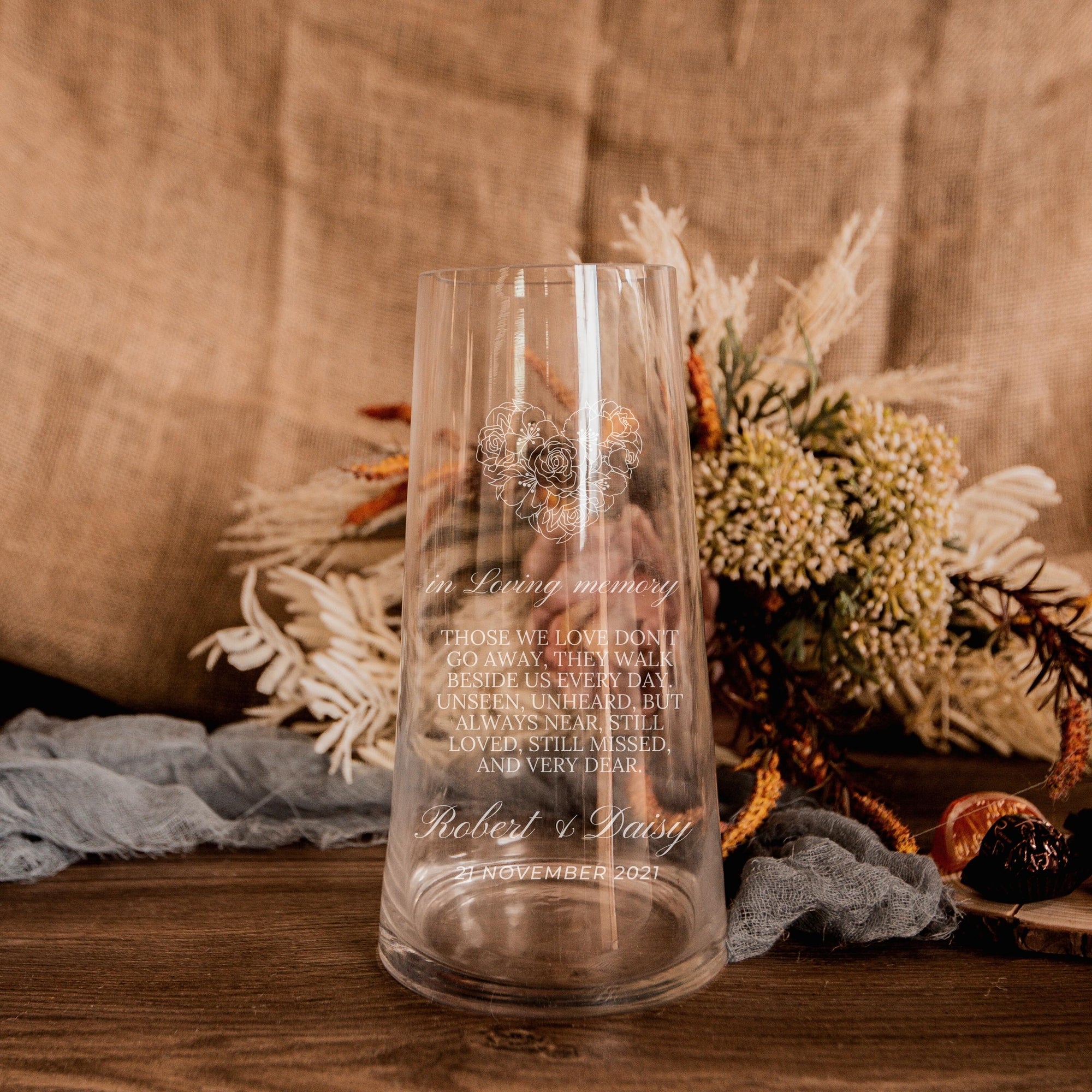 Personalised Large Tapered Clear Glass Vase, Custom Engraved Memorial Wedding Gift for Bridesmaid, Mother of Bride/ Groom, Housewarming, Anniversary