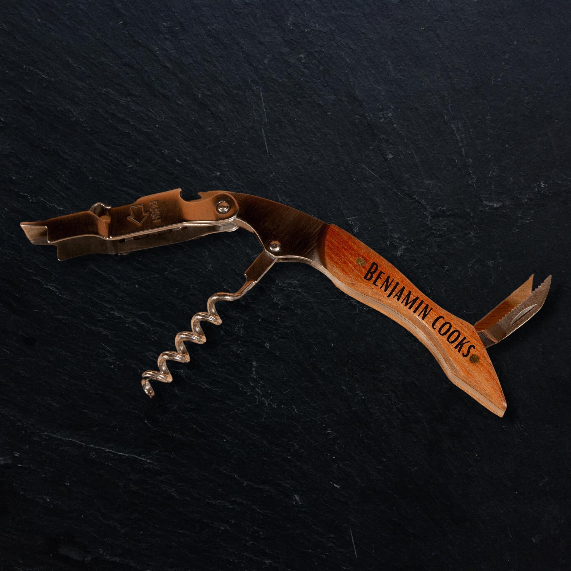 Personalised Engraved Wooden Wine Corkscrew, Bottle Opener, Custom Logo Knife/Foil Cutter, Corporate Gift, Wedding Favour, Groomsmen/ Father's Day Gift for Him, Christmas/ Teacher Present