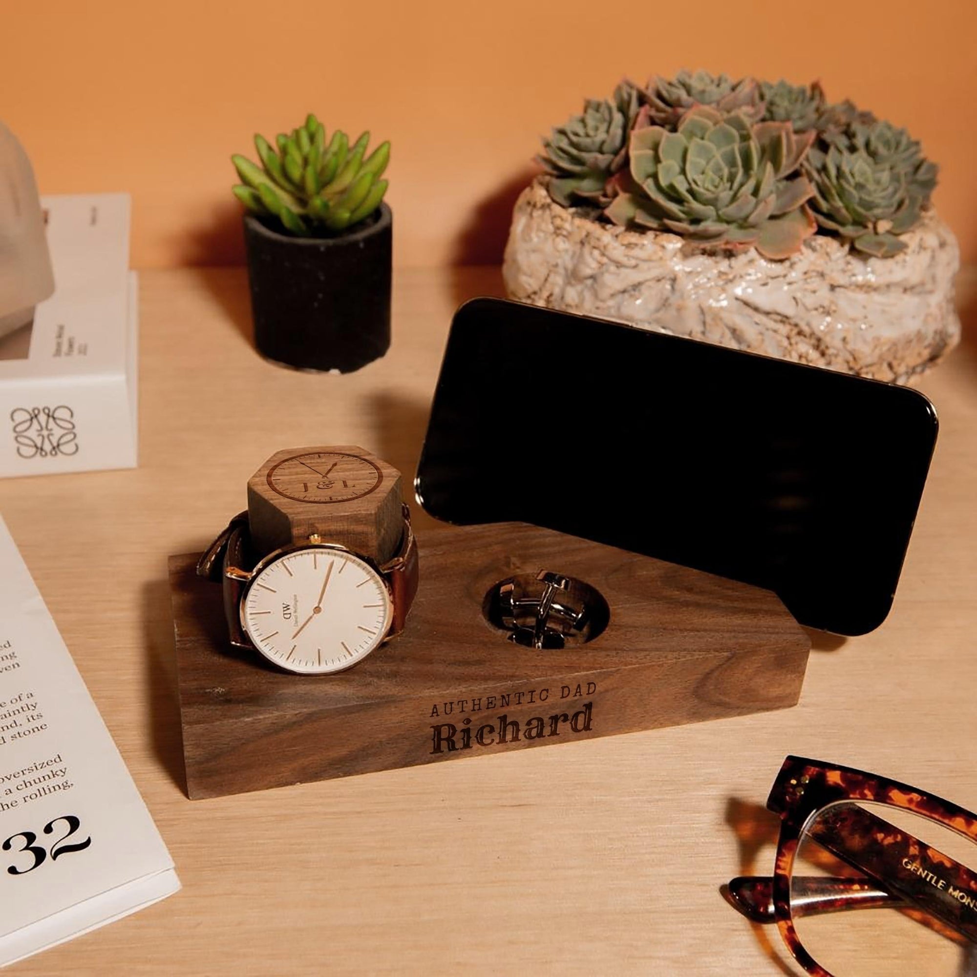 Personalised Wooden Watch, Phone Stand, Accessories Display Holder, Custom Engraved Timber Desk Organiser, Corporate Xmas/ Father Mom Gift