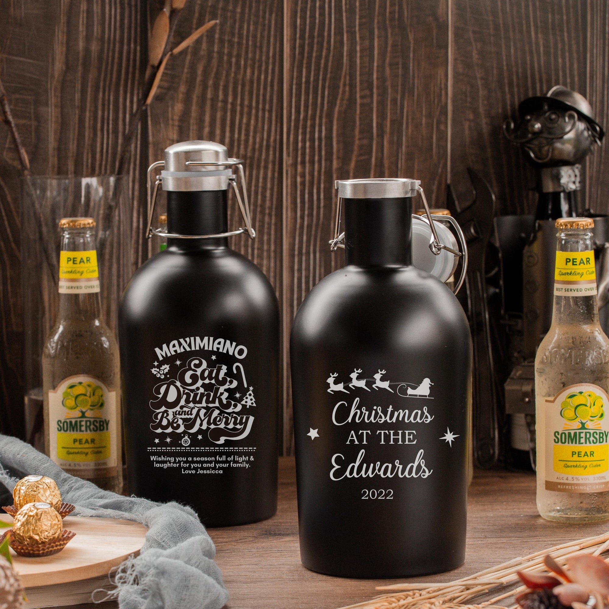 Christmas 2L Personalised Engraved Stainless Steel Insulated Beer Travel Growler, Etching Custom Logo Thermal Brew Tank, Corporate/ Father/ Housewarming Gift, Xmas, New Year Favour Present