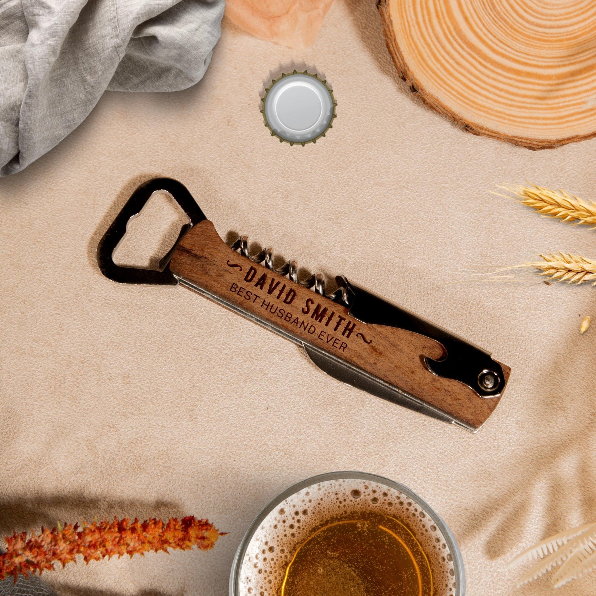 Personalised Engraved Wooden Handle Beer Bottle Opener & Wine Corkscrew, Custom Logo Knife/Foil Cutter, Corporate Gift, Wedding Favour, Groomsmen/ Father's Day Gift for Him, Christmas/ Teacher Present