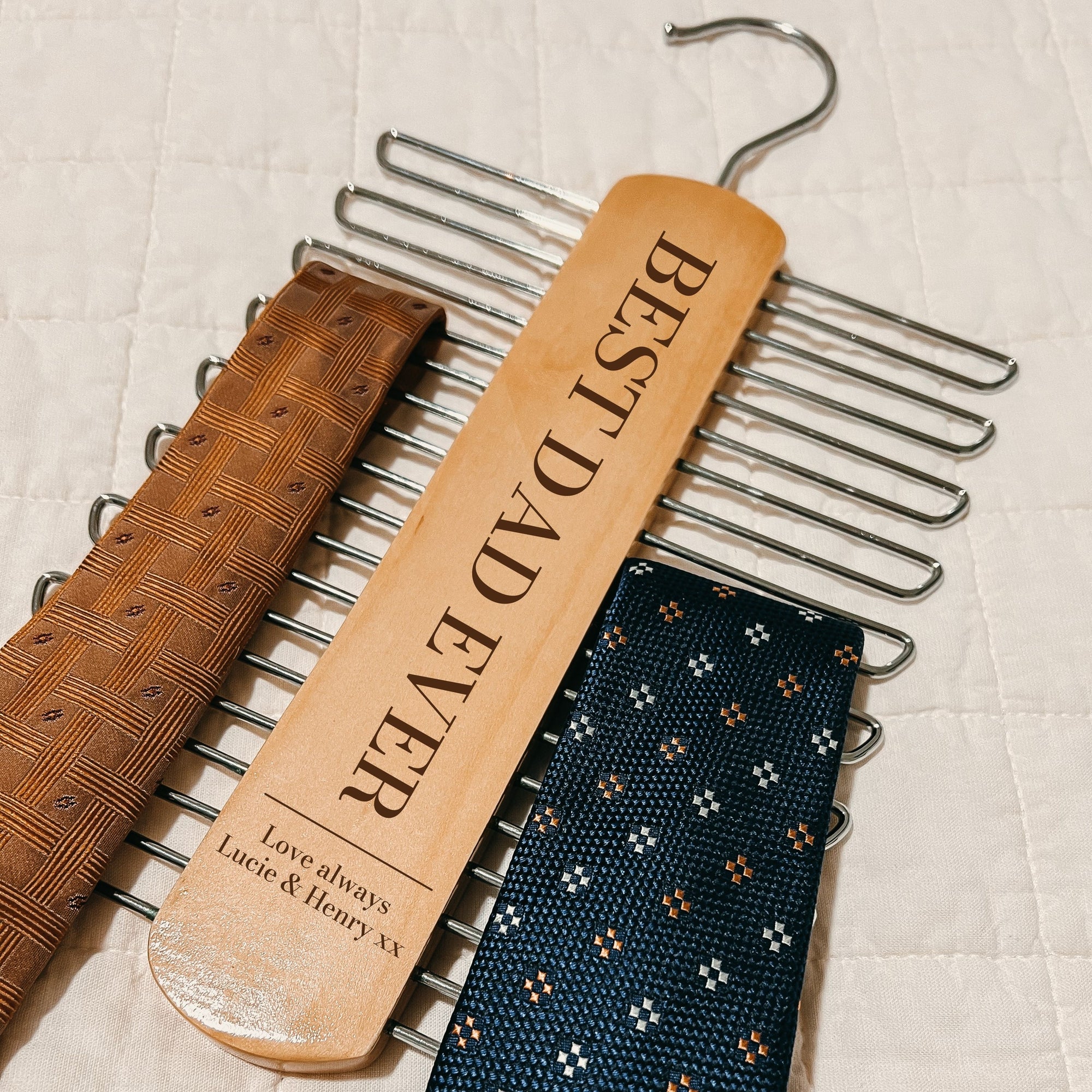Personalised Wooden Tie & Belt Hanger,  Custom Laser Engraved Wardrobe Organiser, Gift for Dad/ Teacher/ Grandpa/ Him Groomsman Father's Day