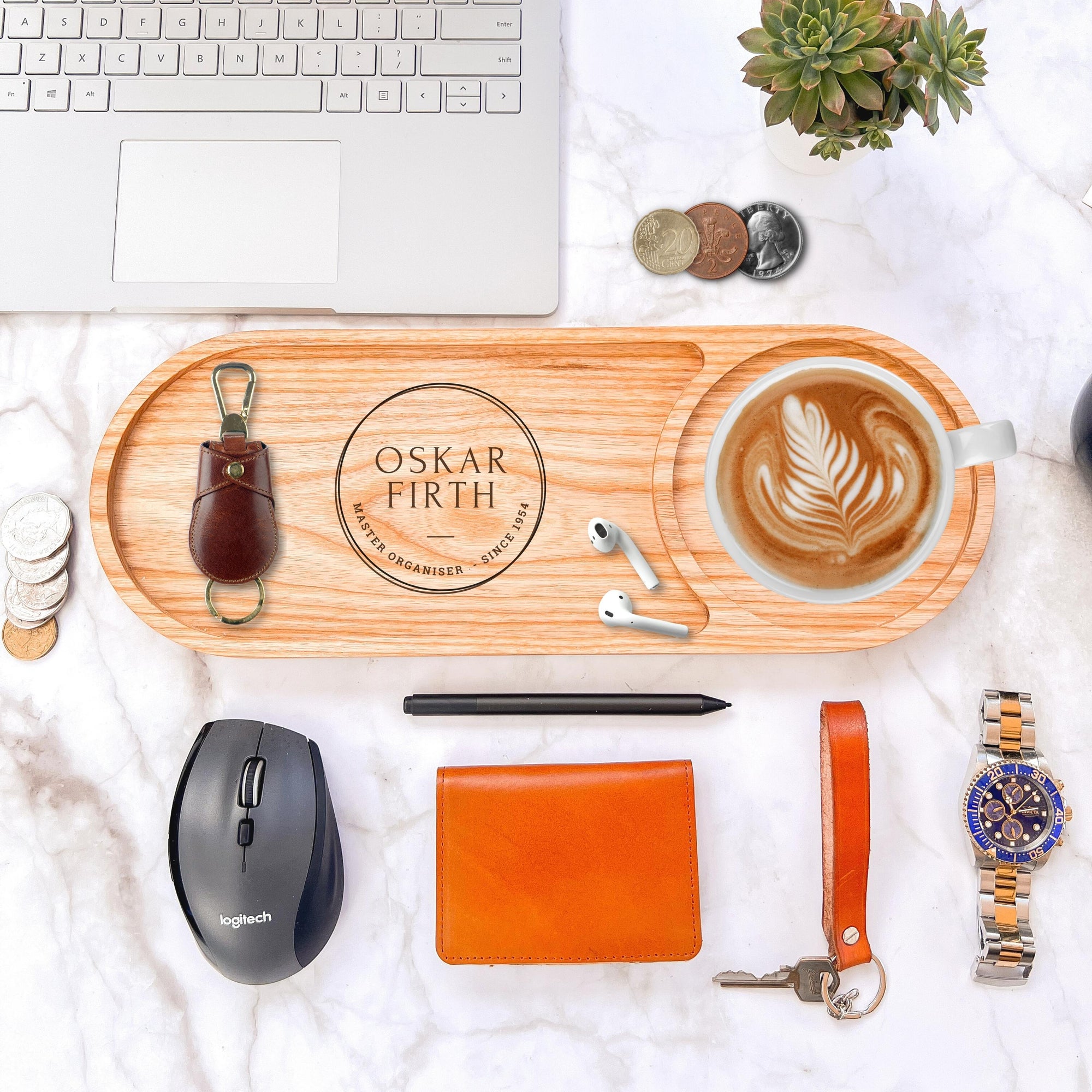 Personalised Wooden Round Catchall Tray with Drink/ Food Holder, Custom Engraved Timber Jewellery Desk Organiser, Mothers Day Gift for Nanny