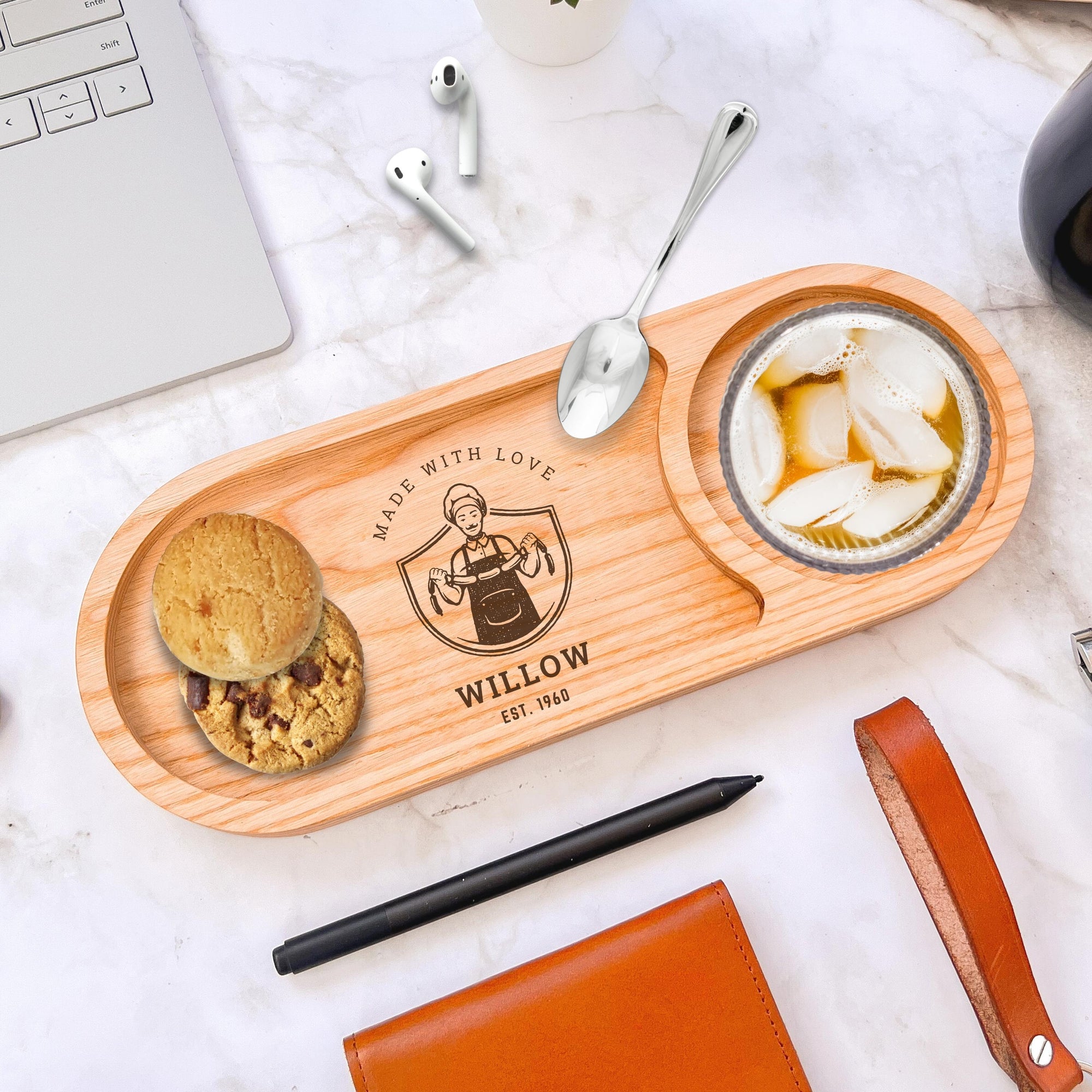 Personalised Ash Wood Round Catchall Tray & Drink Holder, Jewellery/ Tech/ Office Valet, Custom Engraved Timber Organiser, Desk Accessories