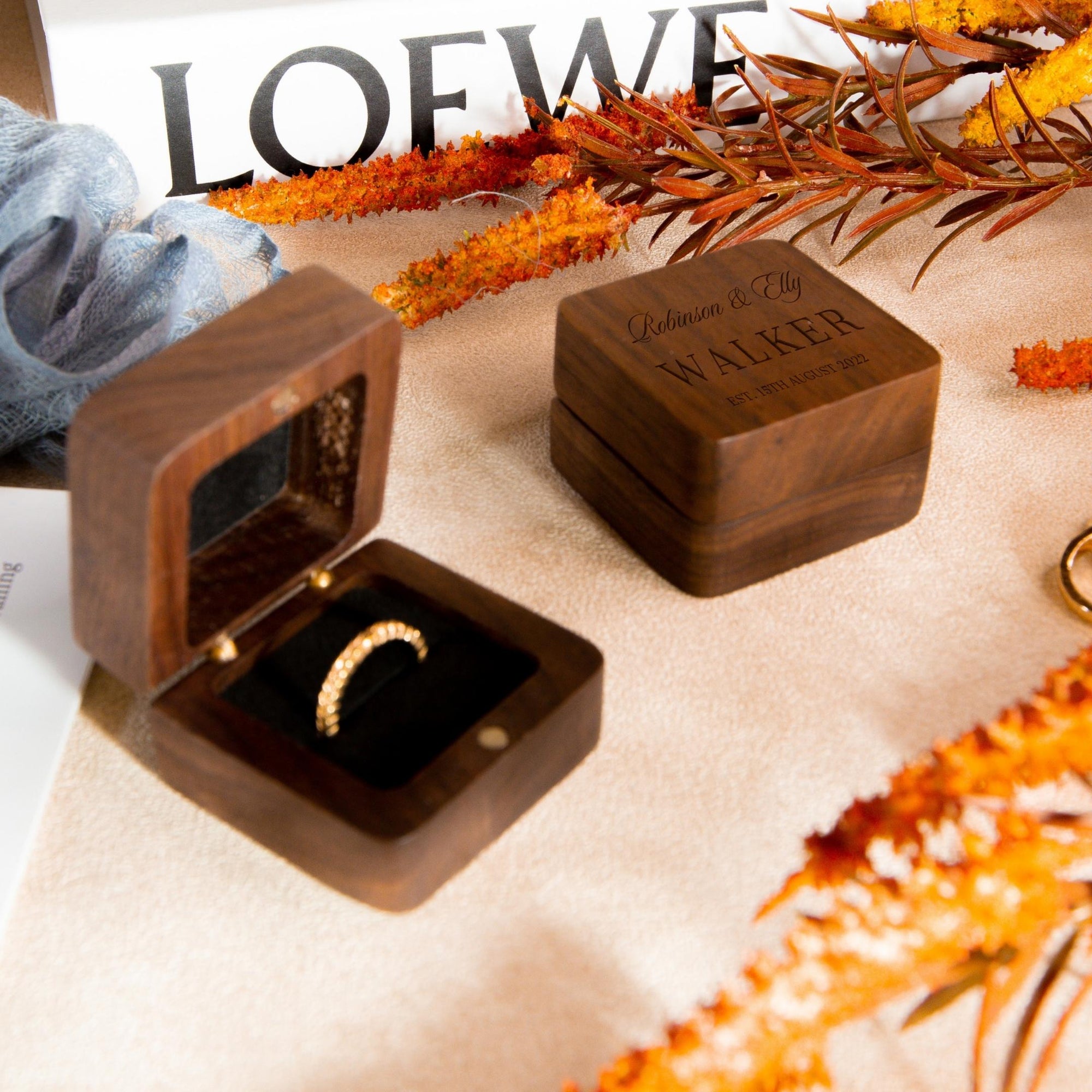 Personalised Wooden Engagement Proposal Ring Bearer Box, Custom Engraved Wedding Double Slot Solid Walnut Oval Ring Holder Storage, Rustic Vintage Anniversary Gift 