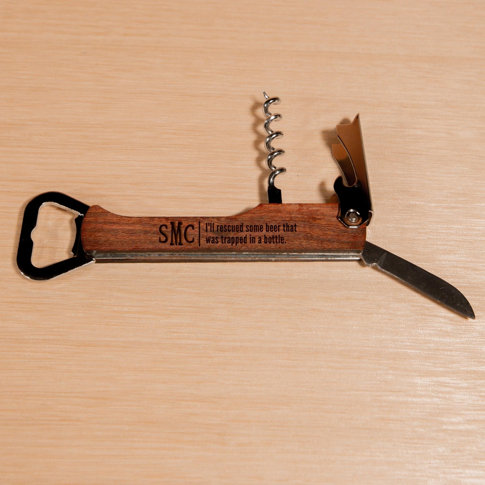Personalised Engraved Wooden Handle Beer Bottle Opener &amp; Wine Corkscrew, Custom Logo Knife/Foil Cutter, Corporate Gift, Wedding Favour, Groomsmen/ Father&#39;s Day Gift for Him, Christmas/ Teacher Present
