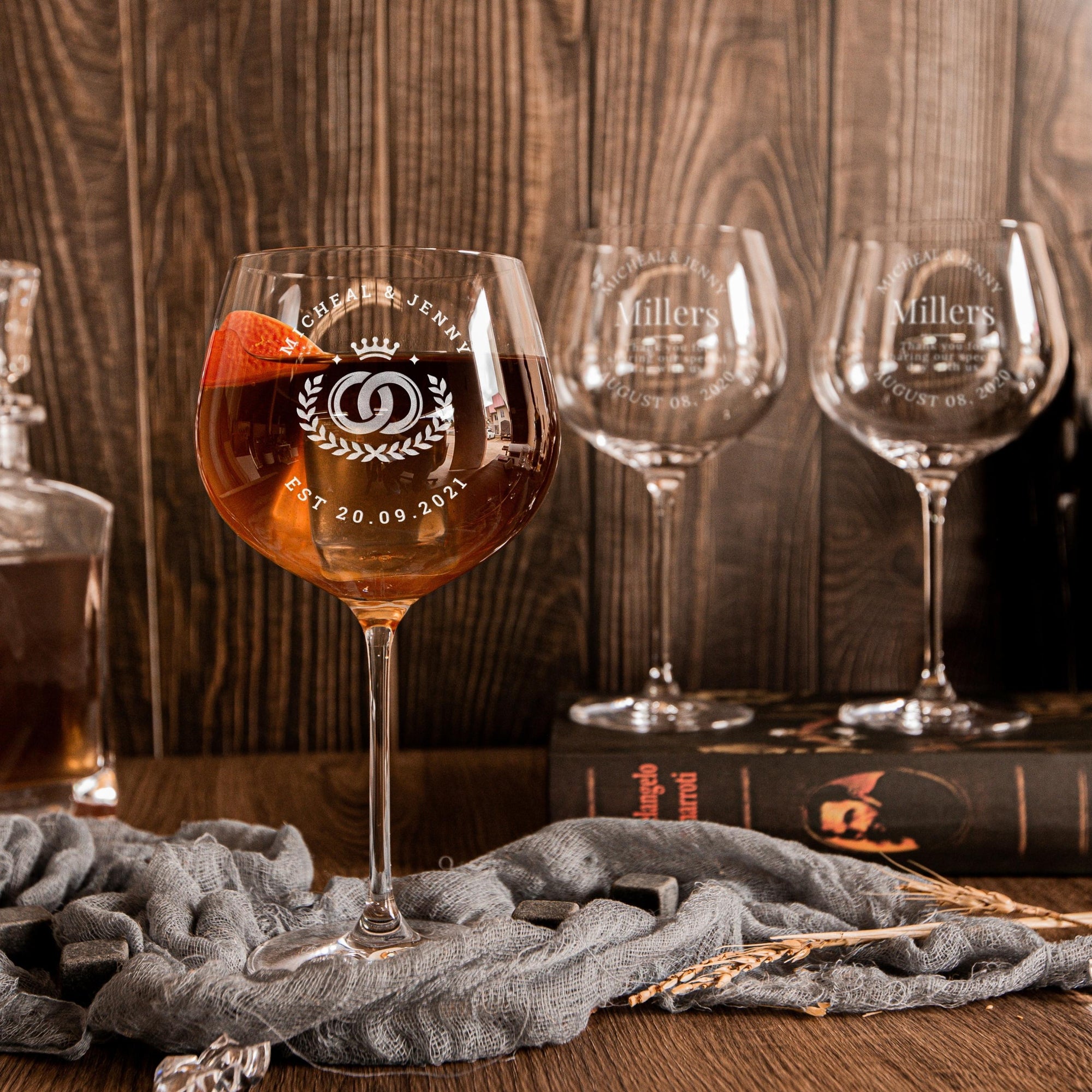 Engraved 780ml Slovakia Crystal Gin/ Spirits Stemless Wide Balloon Bowl Wine Glass, Personalised Custom Monogram Barware, Housewarming/ Wedding, Bridesmaid Gift