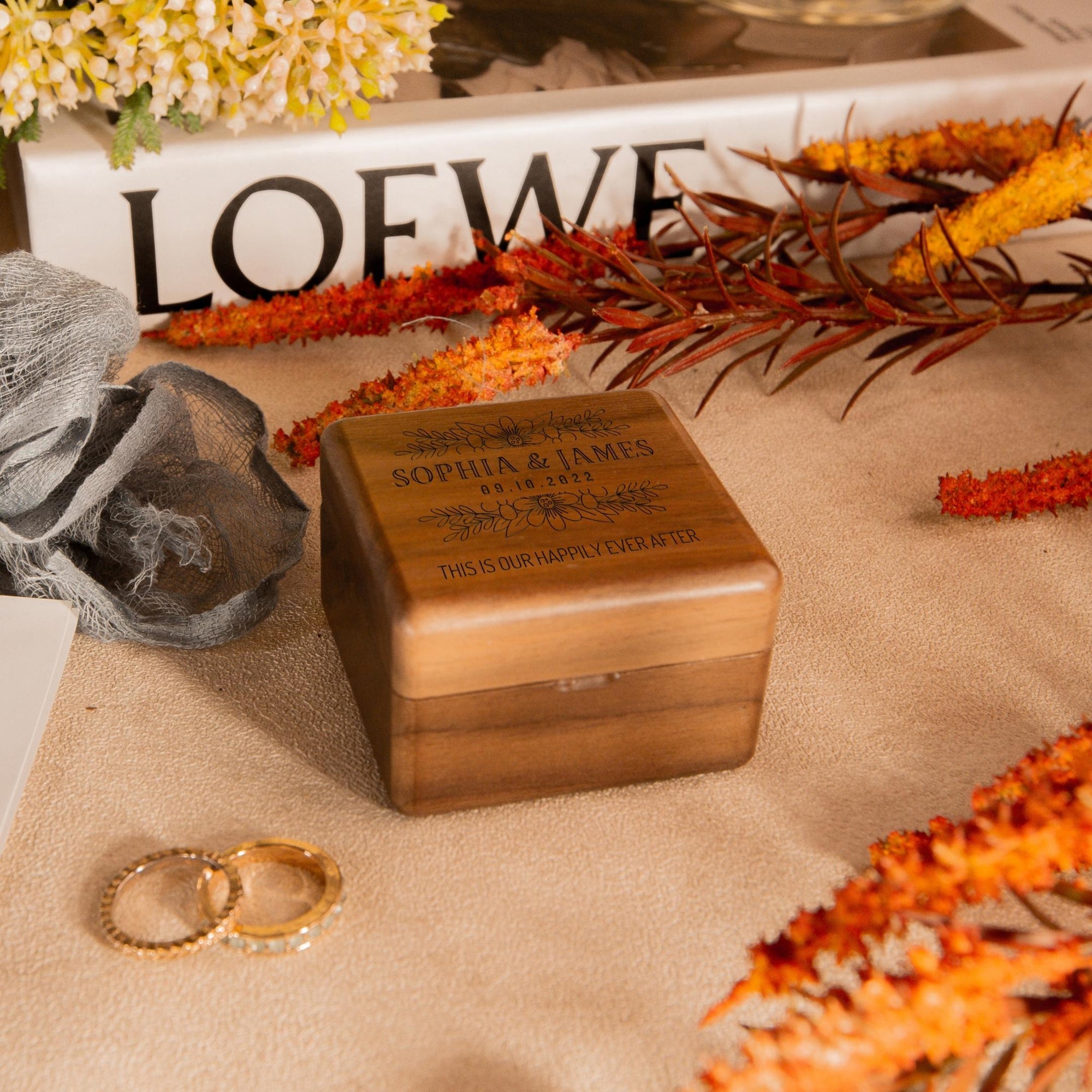 Personalised Wooden Engagement Proposal Ring Bearer Box, Custom Engraved Wedding Double Slot Solid Walnut Double Slot Square Ring Holder Storage, Rustic Vintage Anniversary Gift 