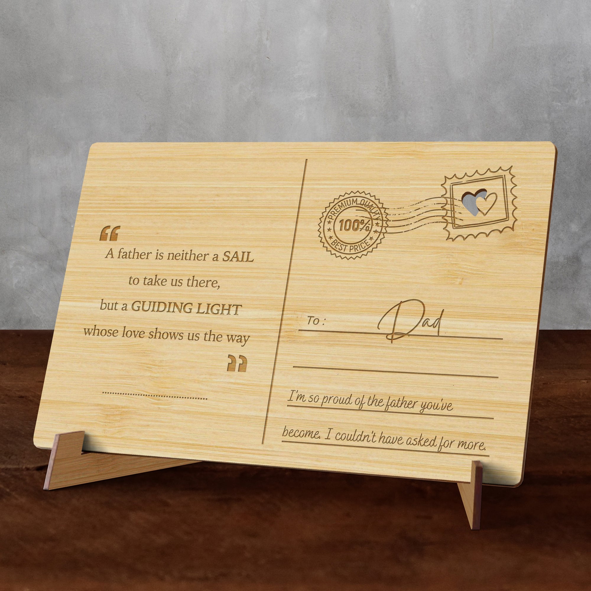 Personalised Wooden Father&#39;s Day Postcard, Custom Engraved Timber Celebrate Message &amp; Name Post Card with Display Stand, Wood Carved Keepsake Gift Card for Dad, Grandpa, Him