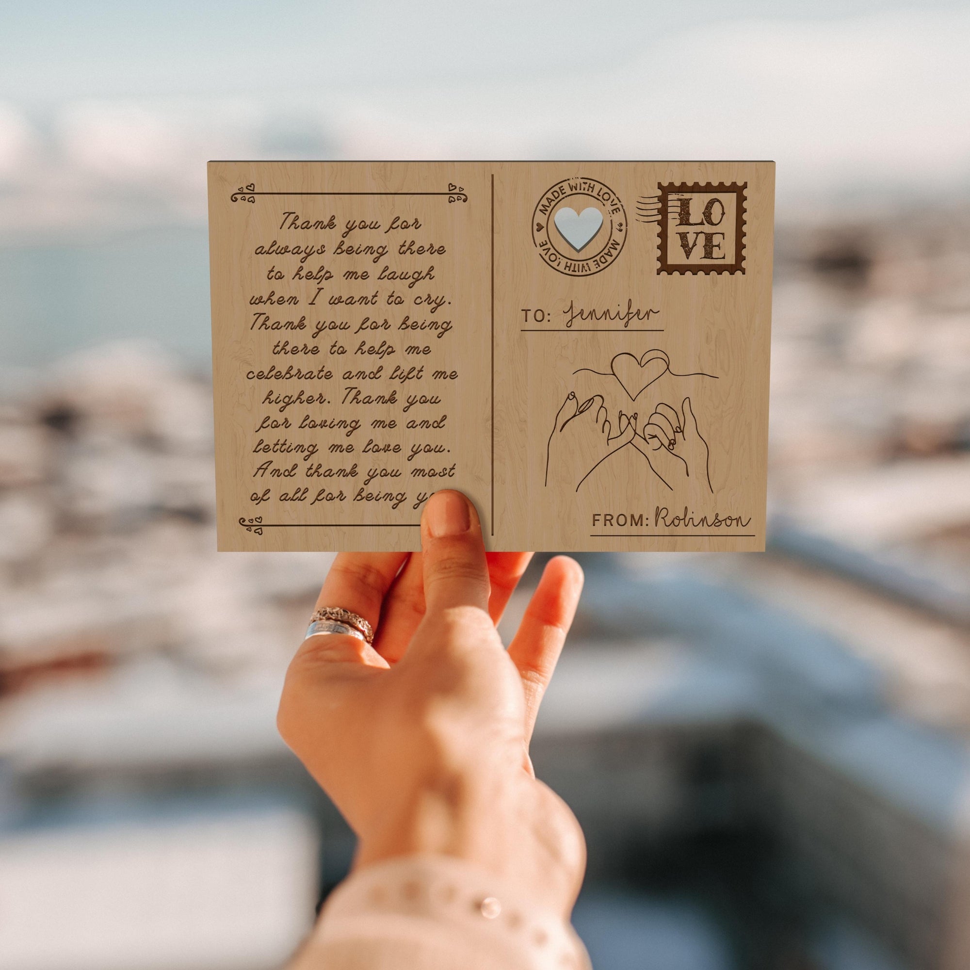 Personalised Wooden Valentine&#39;s Day, Anniversary Postcard, Custom Engraved Timber Love Message &amp; Name Post Card with Display Stand, Wood Carved Keepsake Gift Card for Couple