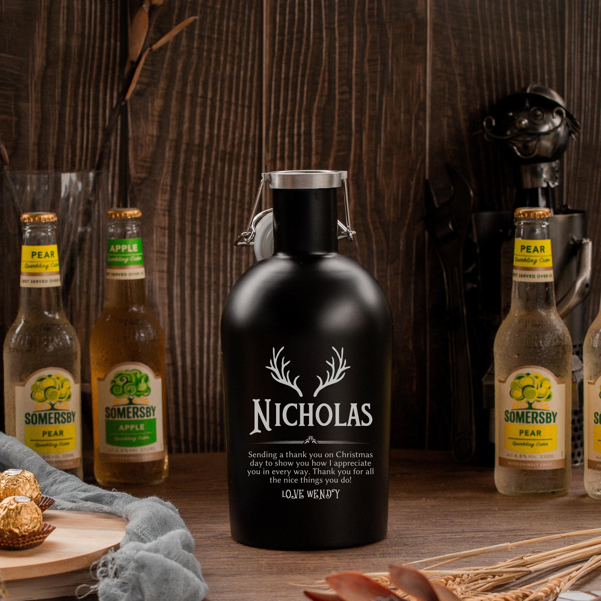 Christmas 2L Personalised Engraved Stainless Steel Insulated Beer Travel Growler, Etching Custom Logo Thermal Brew Tank, Corporate/ Father/ Housewarming Gift, Xmas, New Year Favour Present