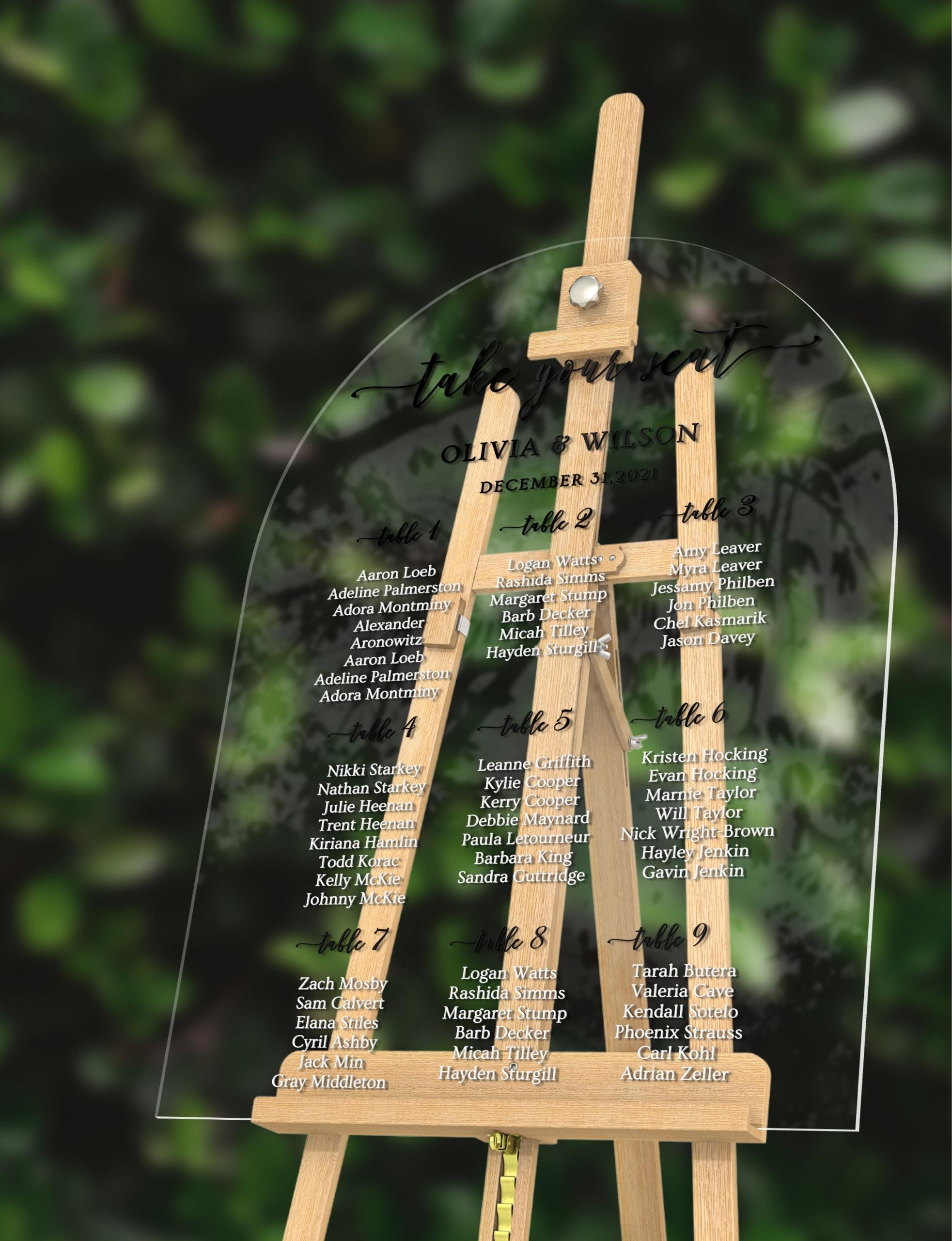 Custom Frosted/ Clear Wedding Seating Chart Sign, Personalised Guest Plan/ Find Table Take a Seat, Modern, Luxury Reception Event Decor