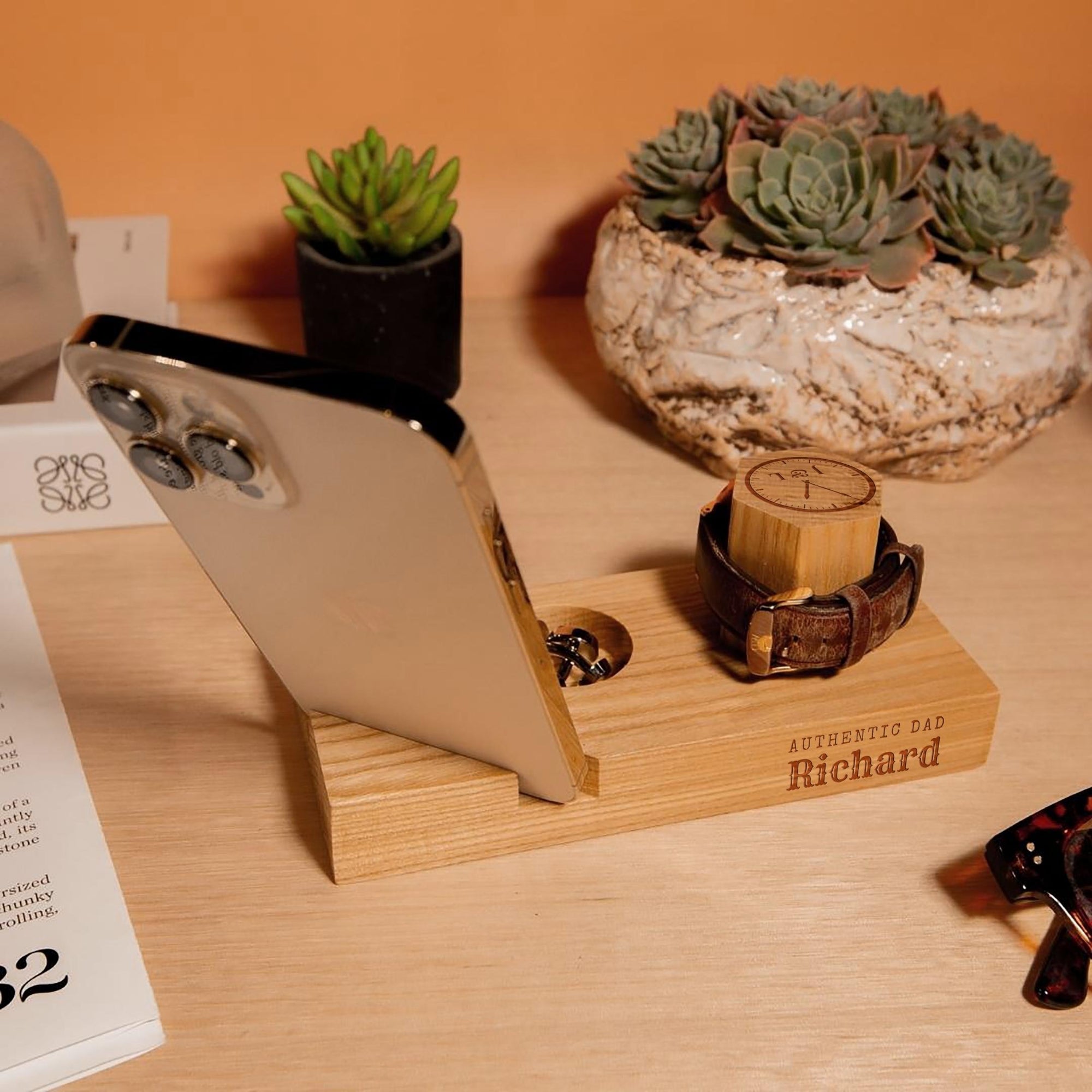 Personalised Wooden Watch, Phone Stand, Accessories Display Holder, Custom Engraved Timber Desk Organiser, Corporate Xmas/ Father Mom Gift