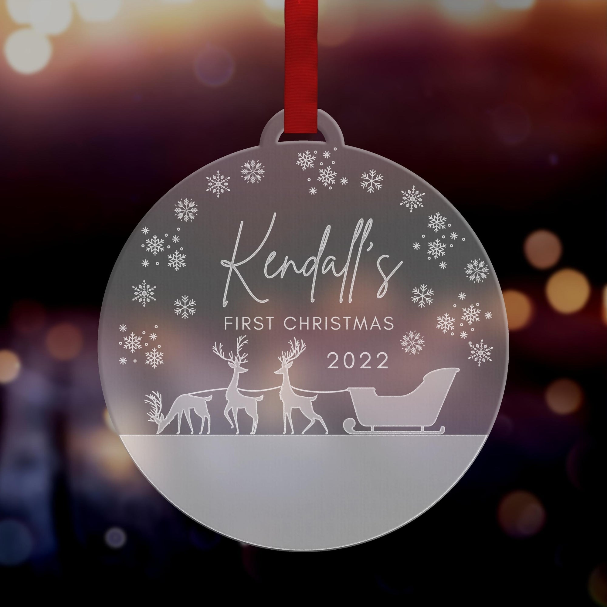 Personalised First Christmas Snowy Reindeer Baubles, Engraved Custom Name Clear/ Frosted Acrylic Hanging Tree Merry Xmas, Happy New Year Ornament, Decor Gift Tags