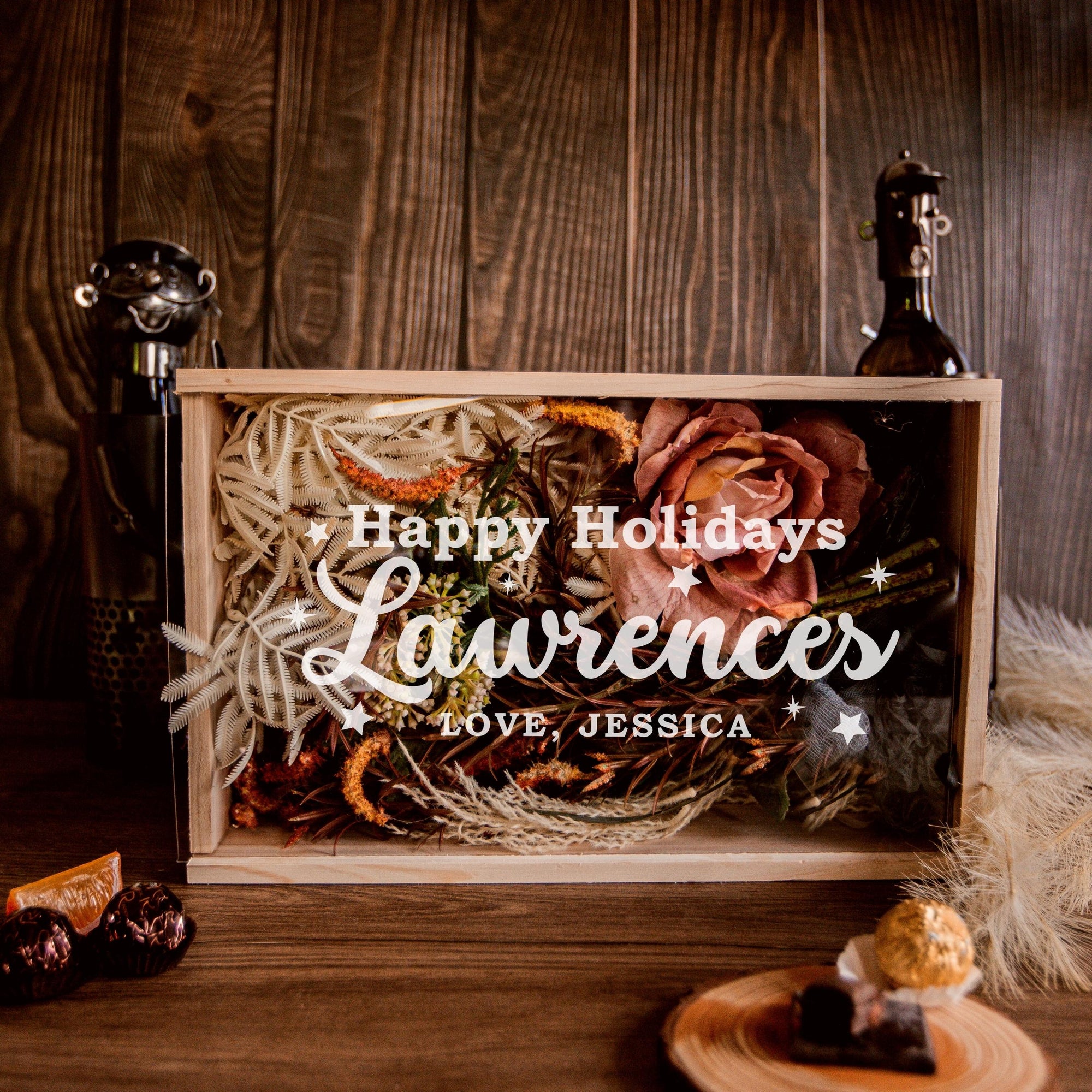 Christmas Personalised Clear Acrylic Lid &amp; Wooden Twin Double Wine Box Gift, Xmas New Year Engraved Custom Housewarming/ Birthday Teacher Corporate Gift