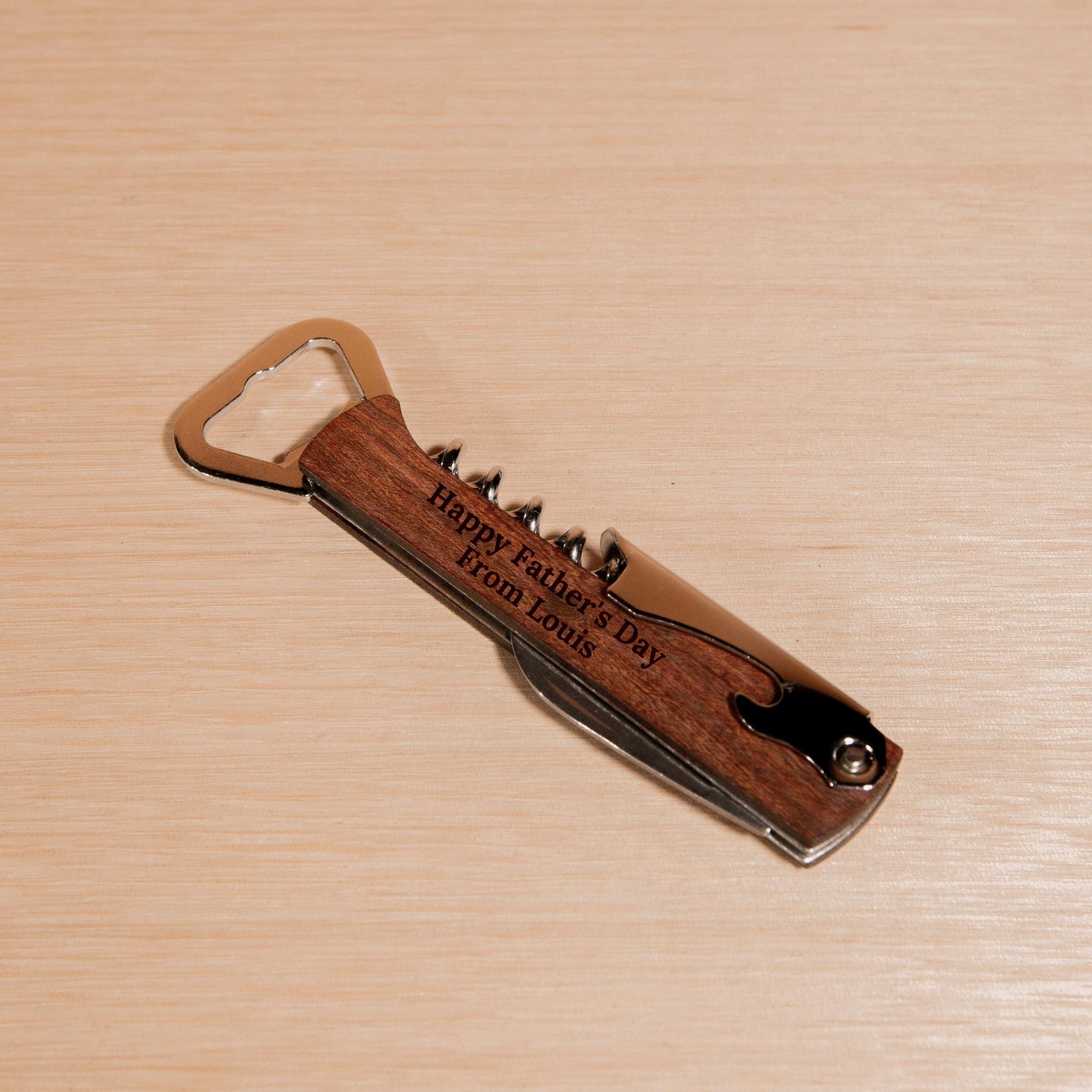 Personalised Engraved Wooden Handle Beer Bottle Opener &amp; Wine Corkscrew, Custom Logo Knife/Foil Cutter, Corporate Gift, Wedding Favour, Groomsmen/ Father&#39;s Day Gift for Him, Christmas/ Teacher Present