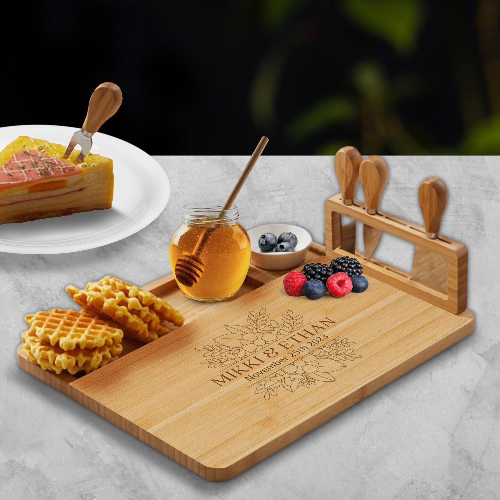 Personalised Bamboo Wooden Cheese Board & Knife Travel Set, Engraved Serve Tray, Charcuterie Platter, Wedding, Anniversary, Corporate, Housewarming Gift