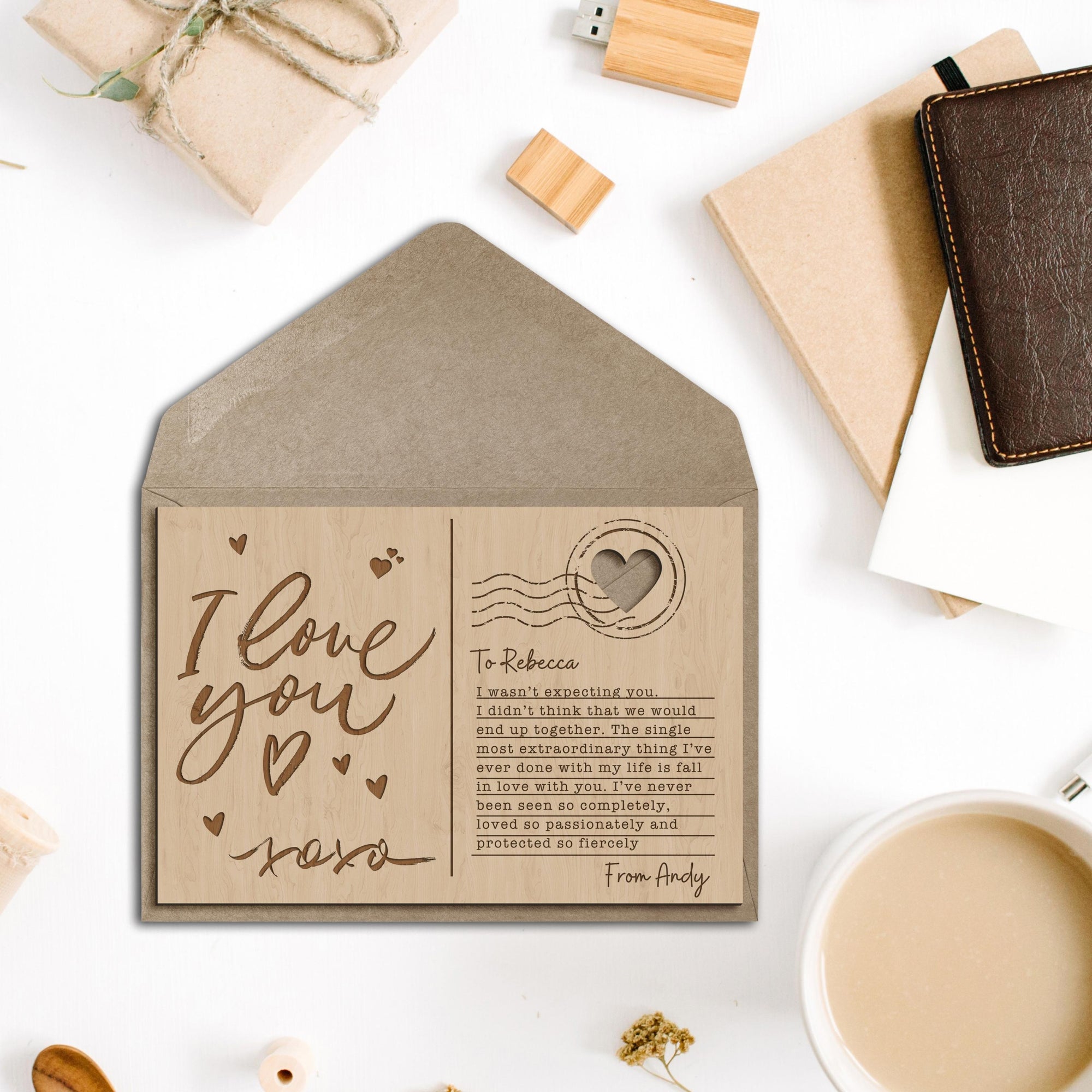 Personalised Wooden Valentine&#39;s Day, Anniversary Postcard, Custom Engraved Timber Love Message &amp; Name Post Card with Display Stand, Wood Carved Keepsake Gift Card for Couple