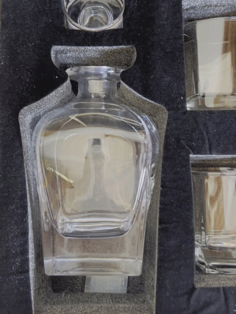 Engraved Wooden Boxed Curve Whiskey Decanter Set with 4  Scotch Glasses, Personalised Custom Monogram Premium Rustic Vintage Whisky Birthday, Groomsmen, Bar Gift for Dad/ Him