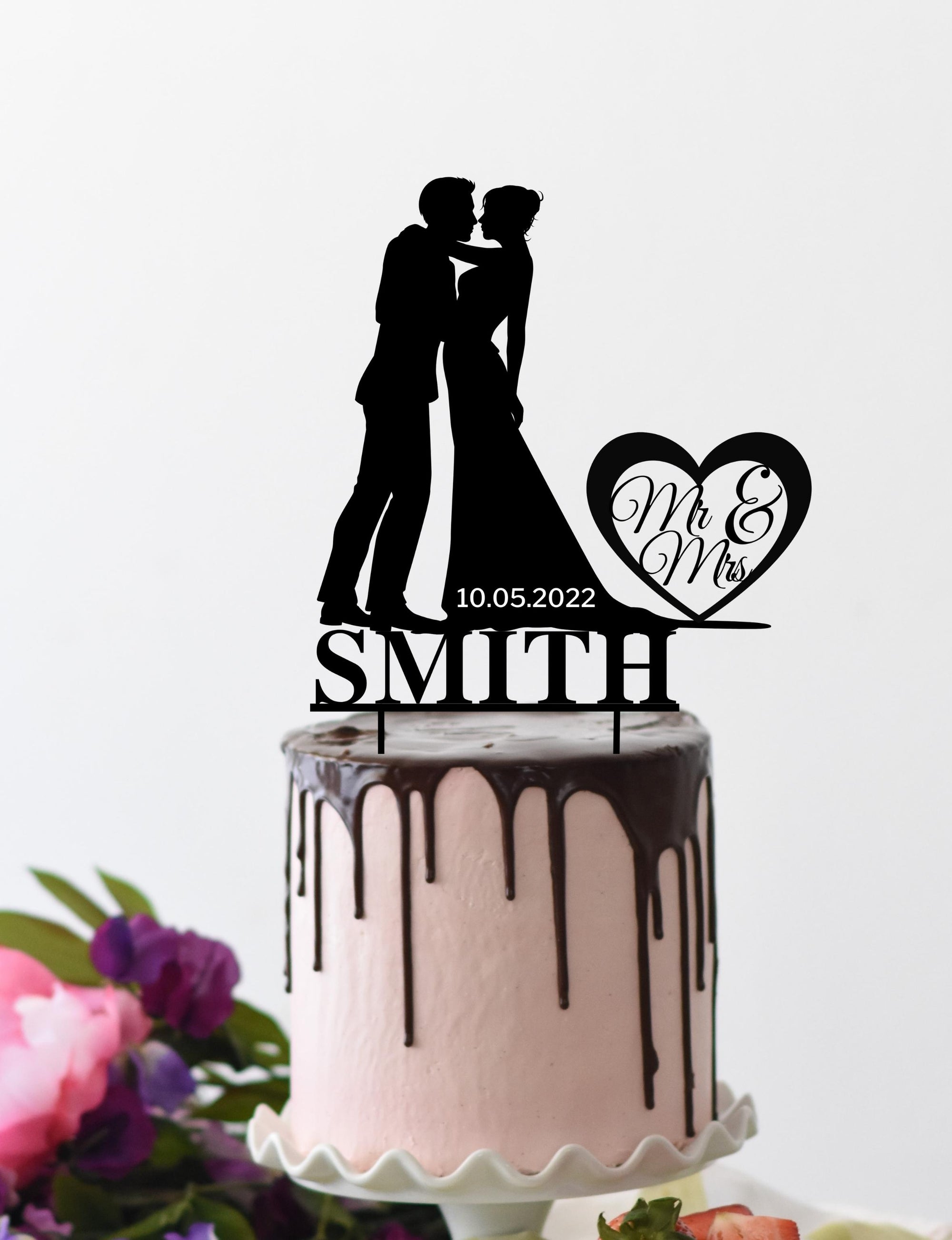 Personalised MDF/ Mirror Acrylic Wedding Silhouette Cake Topper, Custom Name & Date Kissing Couple Bridal & Groom, Hens, Event Party Supply Decor
