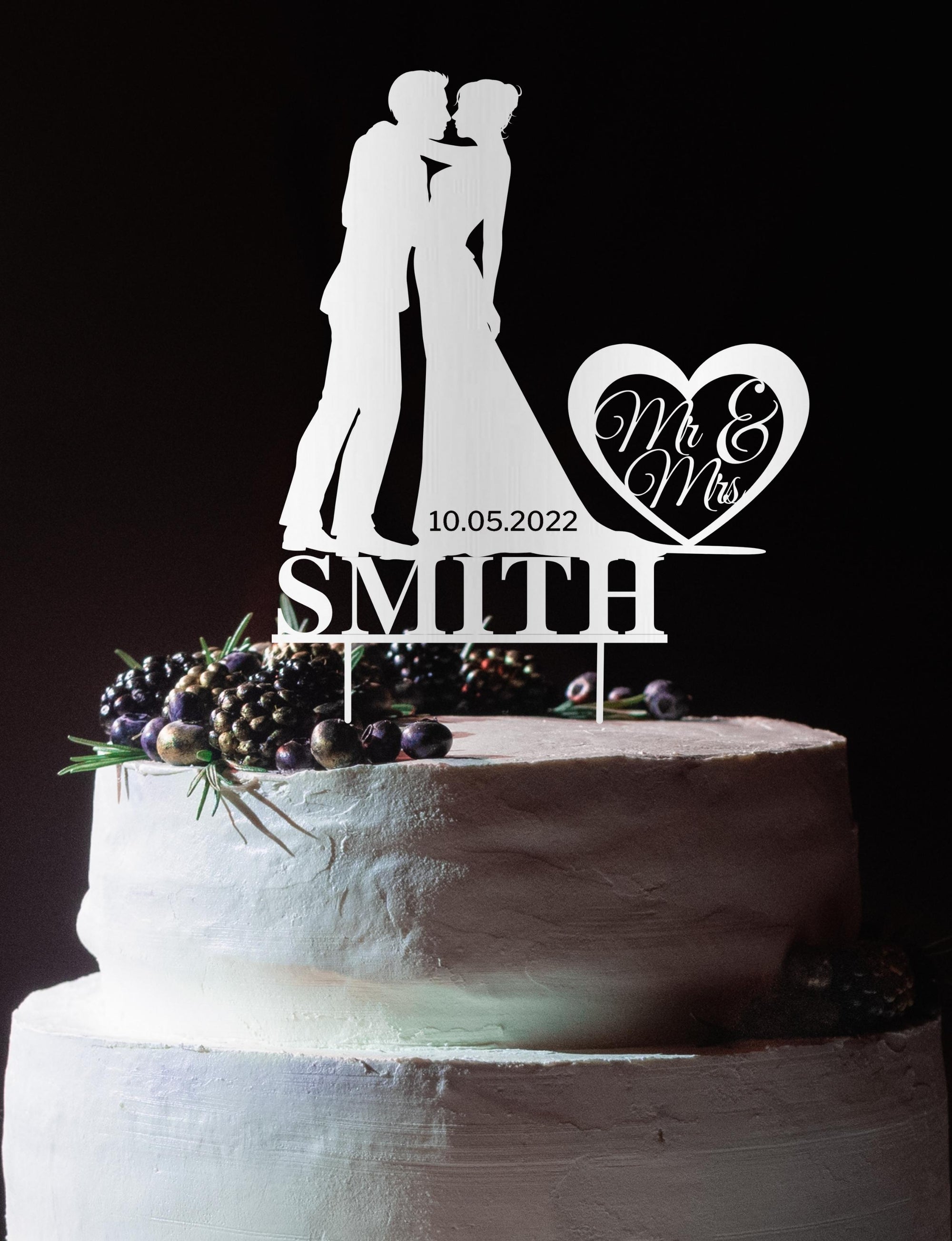 Personalised MDF/ Mirror Acrylic Wedding Silhouette Cake Topper, Custom Name &amp; Date Kissing Couple Bridal &amp; Groom, Hens, Event Party Supply Decor