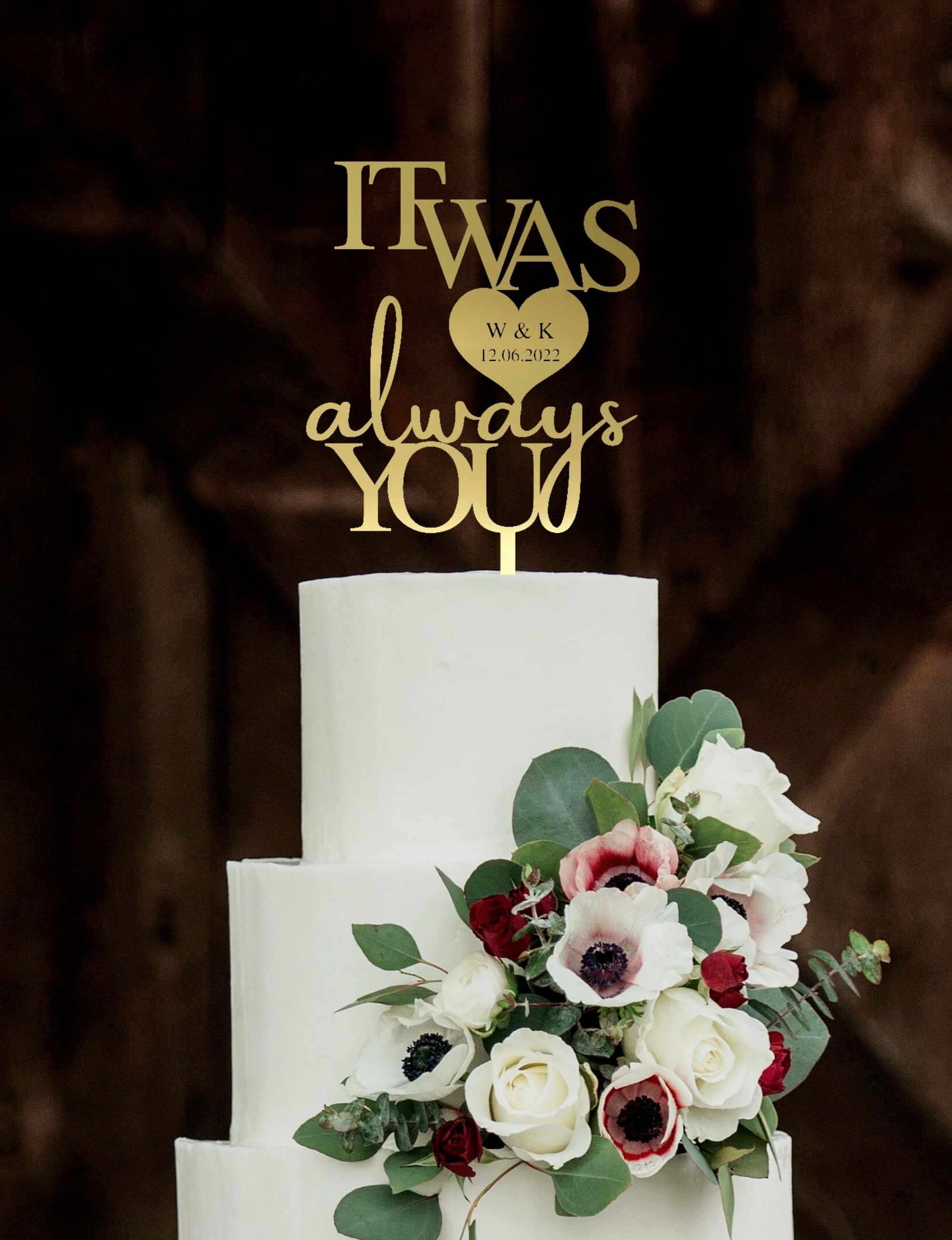 Personalised MDF/ Mirror Acrylic Wedding Cake Topper, Name &amp; Date It Was Always You, Bridal, Groom Hens Event Party Supply Decor Toppers