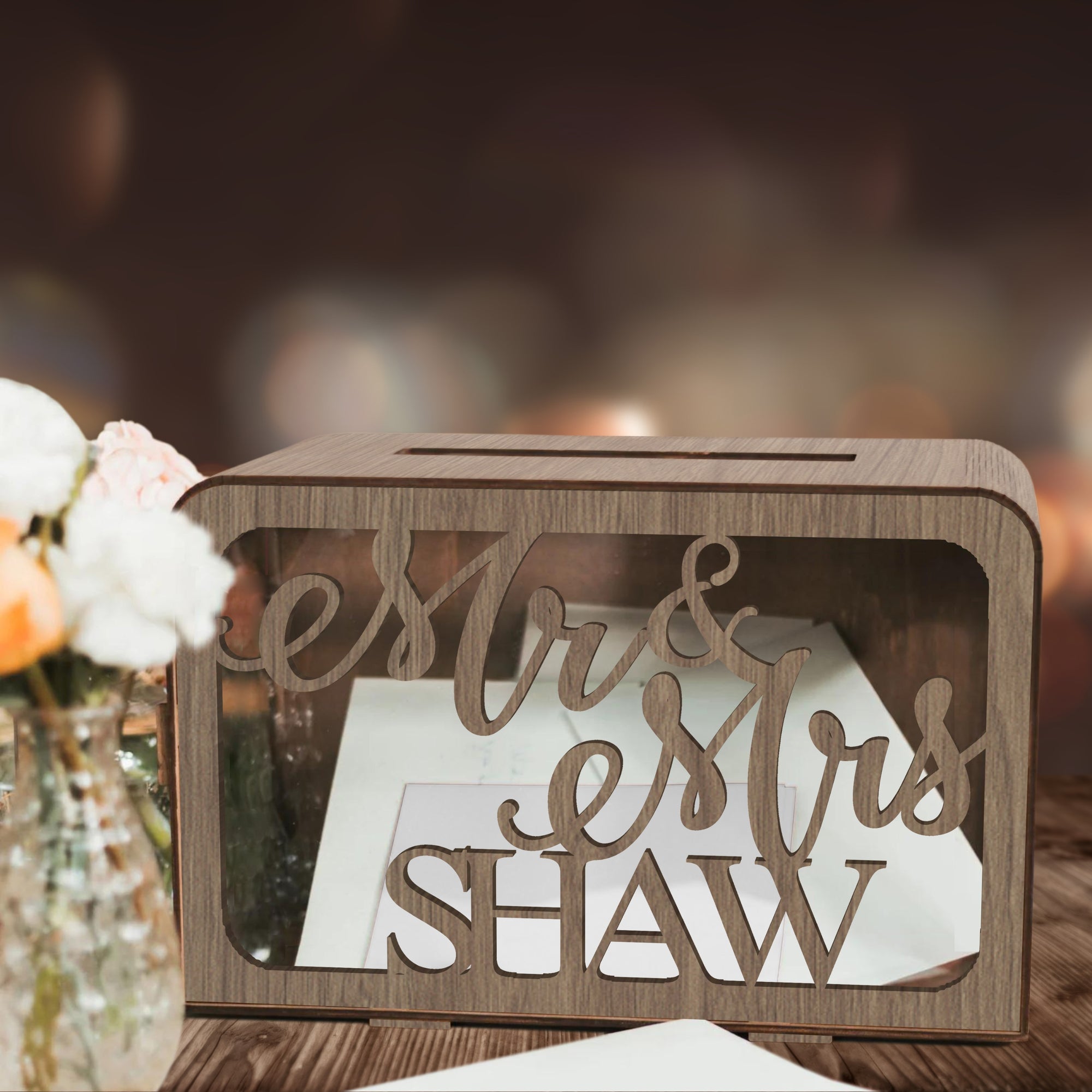 Custom Made Laser Cut Plywood Wishing Well Box, Personalised Name &amp; Date Money, Envelope, Card Boxes, Rustic Wedding Memory Keepsake Gift