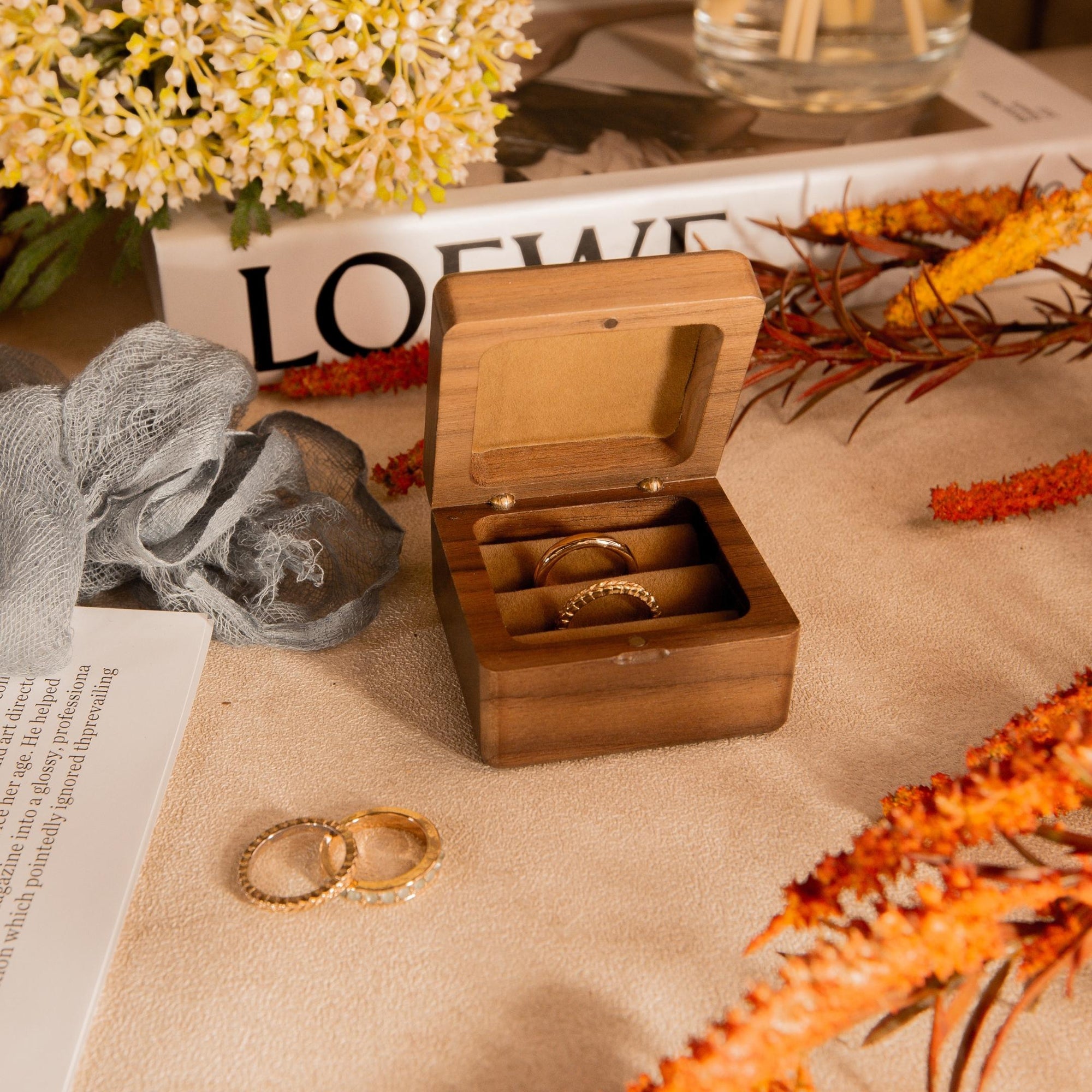 Personalised Wooden Engagement Proposal Ring Bearer Box, Custom Engraved Wedding Double Slot Solid Walnut Double Slot Square Ring Holder Storage, Rustic Vintage Anniversary Gift 