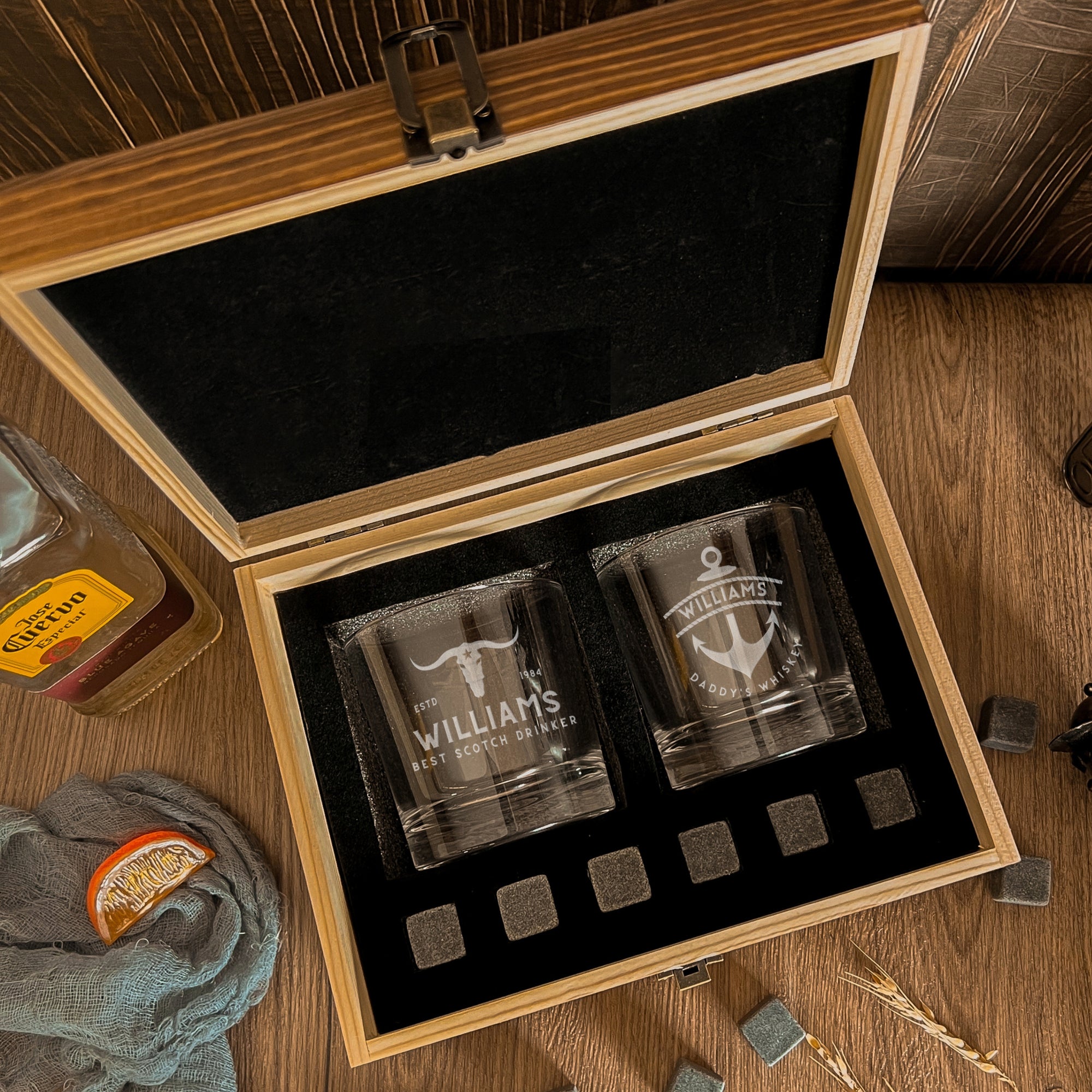 Custom Engraved Whiskey Wooden Box - 2 Sleek Round Scotch Glasses &amp; 6 Rock Ice Stones, Personalised Barware Set, Wedding Groomsman, Dad Gift