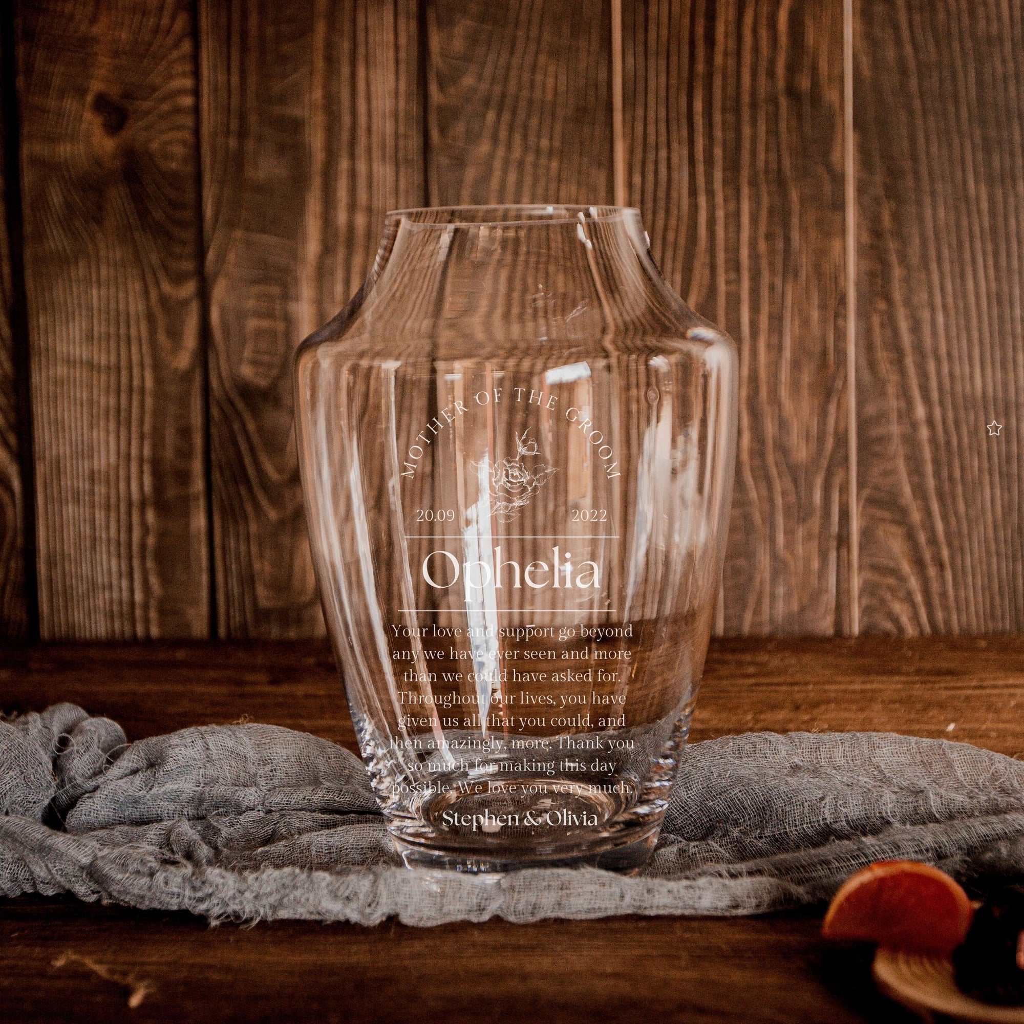 Personalised Large Evocative Designer Clear Glass Vase, Custom Engraved Memorial Wedding Gift for Bridesmaid, Mother of Bride/ Groom, Housewarming, Anniversary