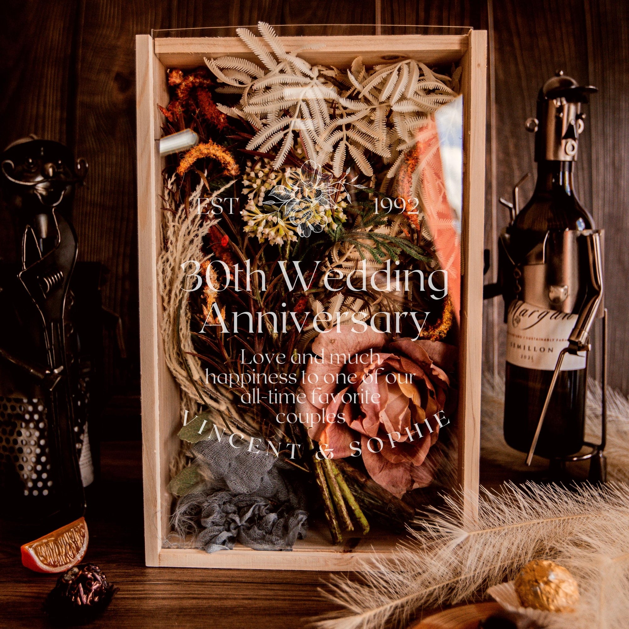 Personalised Clear Acrylic Lid &amp; Wooden Twin Double Wine Box Gift, Engraved Custom Housewarming/ Birthday, Mom-Dad, Teacher, Godparents, Wedding Favour