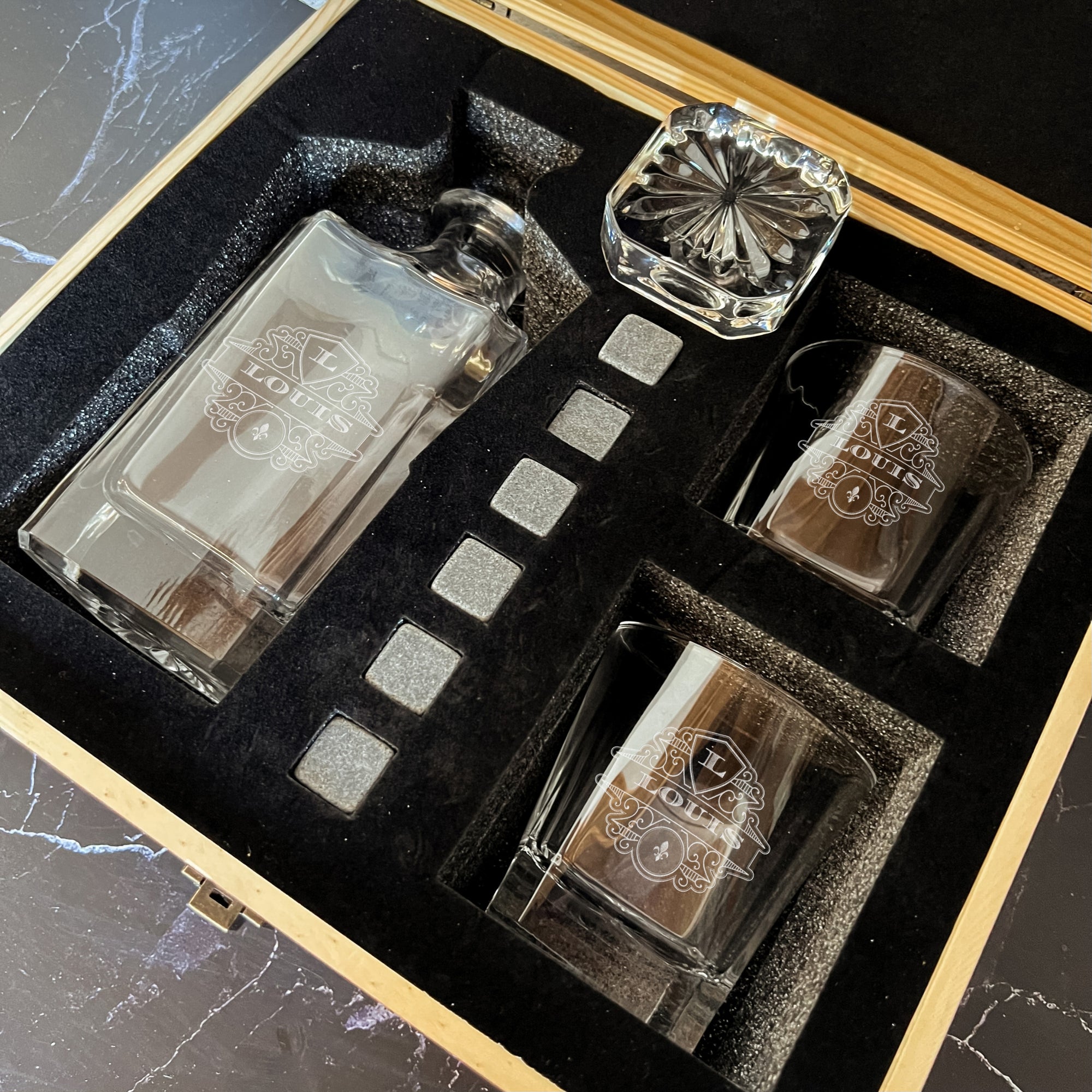 Engraved Whiskey Wooden Box - Square Decanter, 2 Scotch Glasses & 6 Ice Stones, Personalised Barware Set Groomsman Retirement Christmas Gift