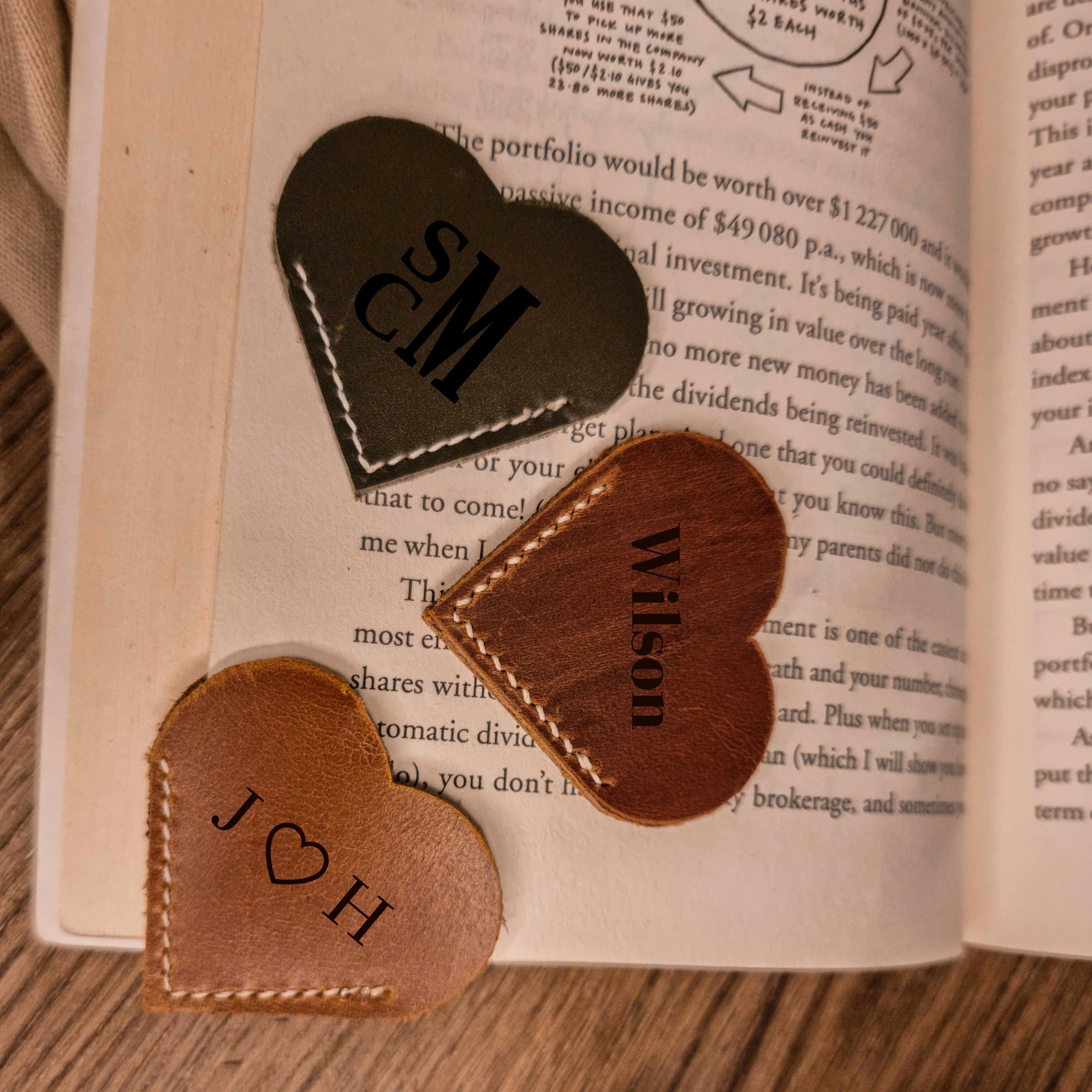 Personalised Cowhide Leather Round Heart Bookmark/ Monogram Custom Laser Engraved/ Gift for Him &amp; Her/ Father/ Birthday/ Mum/ Book Lovers