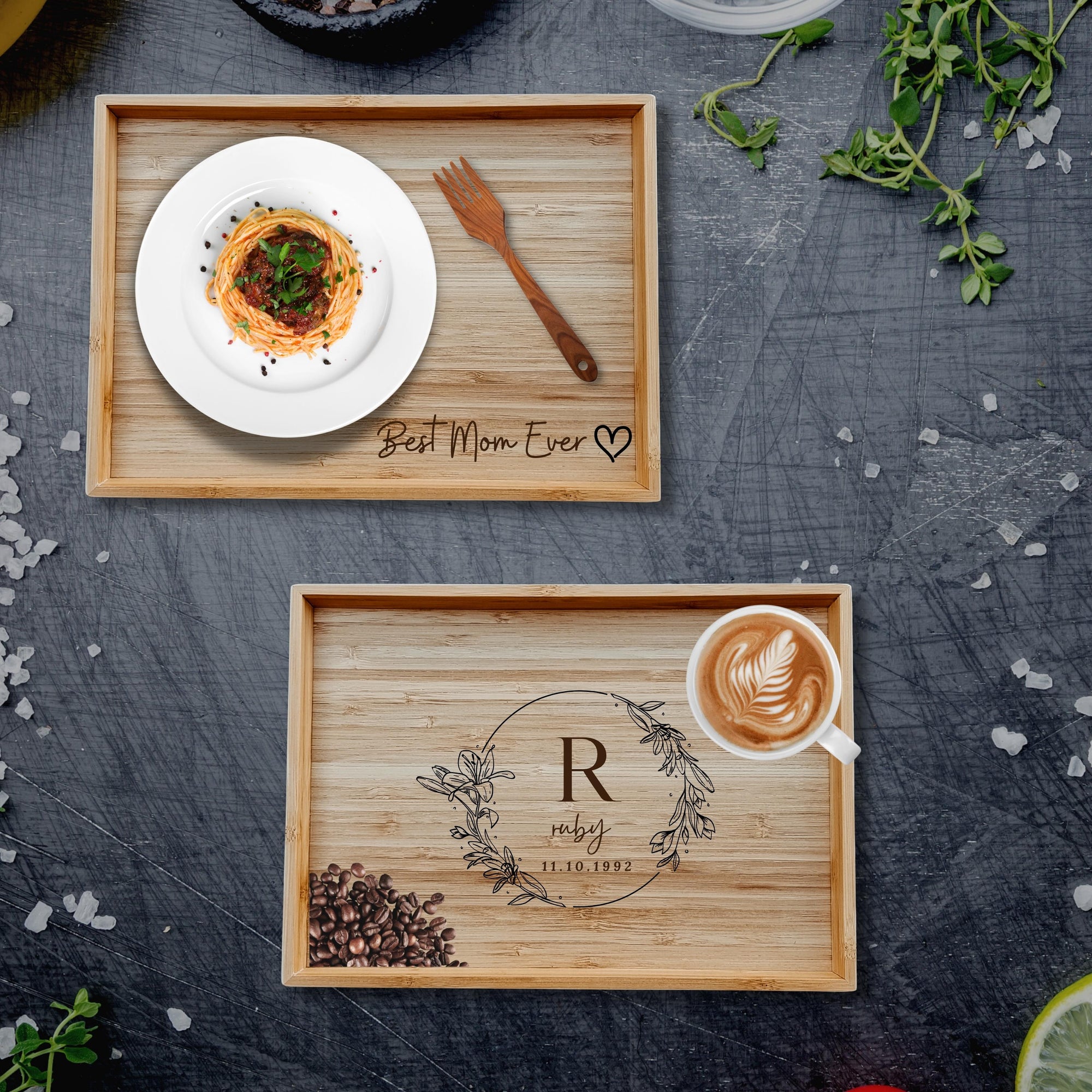 20 x 28cm Personalised Bamboo Wooden Serving/ Catchall Tray, Custom Engraved Jewellery Organiser, Desk Accessories, Gift for Mom, Dad, Nanny