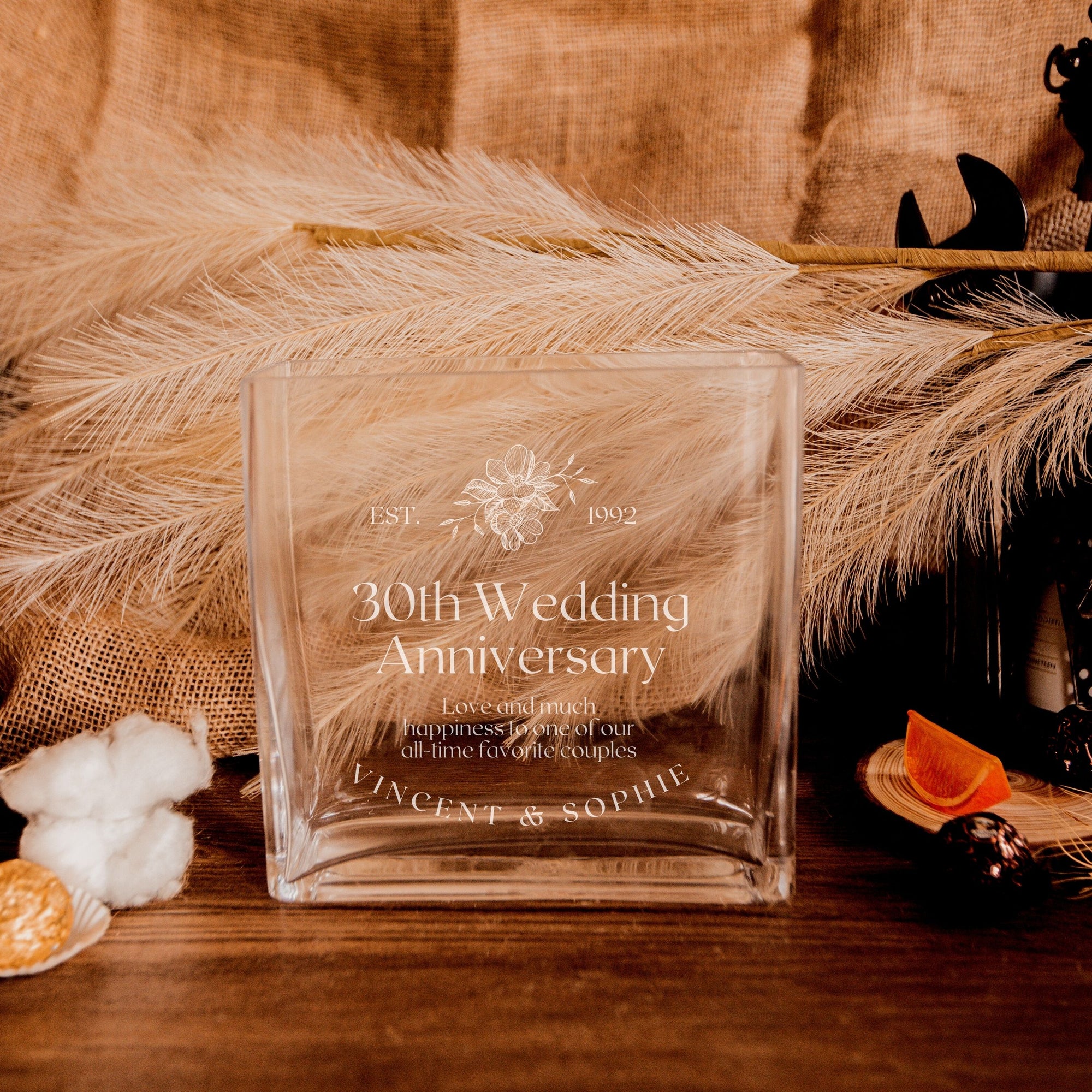 Personalised Medium Rectangle Clear Glass Vase, Custom Engraved Memorial Wedding Gift for Bridesmaid, Mother of Bride/ Groom, Housewarming, Anniversary